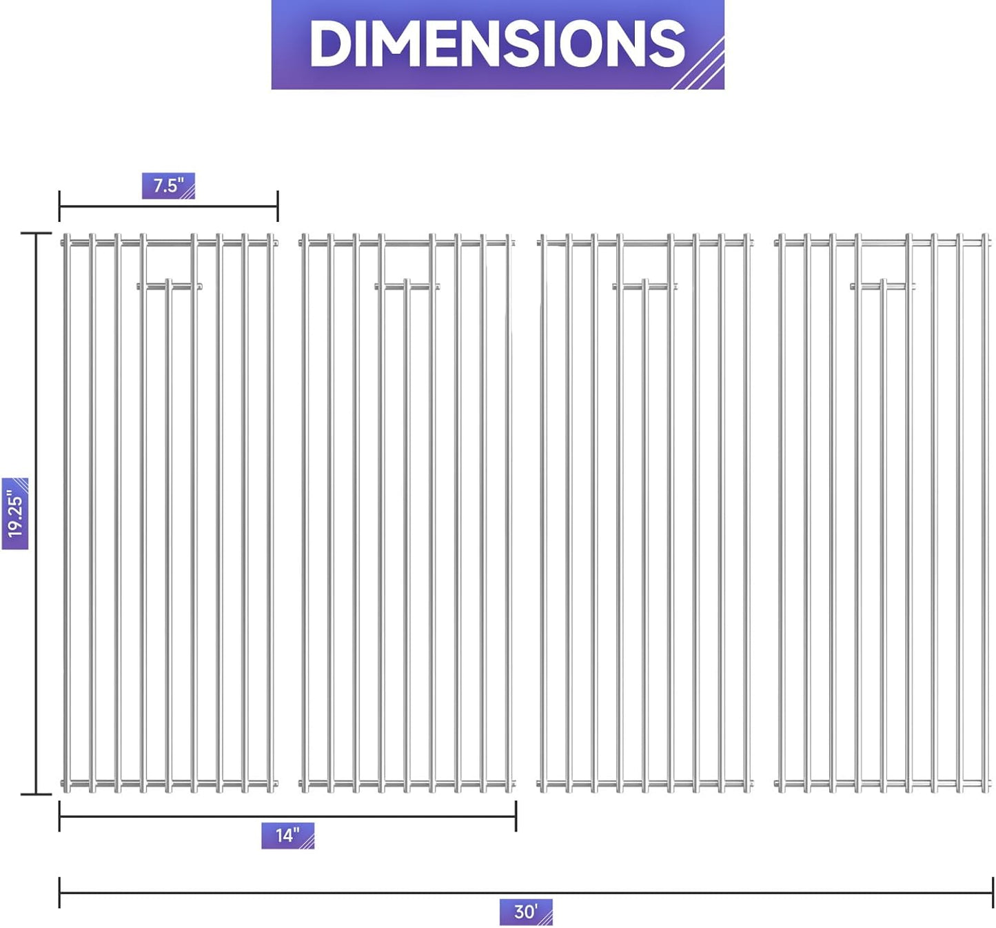 4Pack 19.25" Stainless Steel Cooking Grates Replacement Parts For16517 Bull 8248 LP, 18249 NG, Angus 47628, Brahma, Lonestar Select 87048,87049, Outlaw Steer Premium, 7 Burner Premium 18248,18249