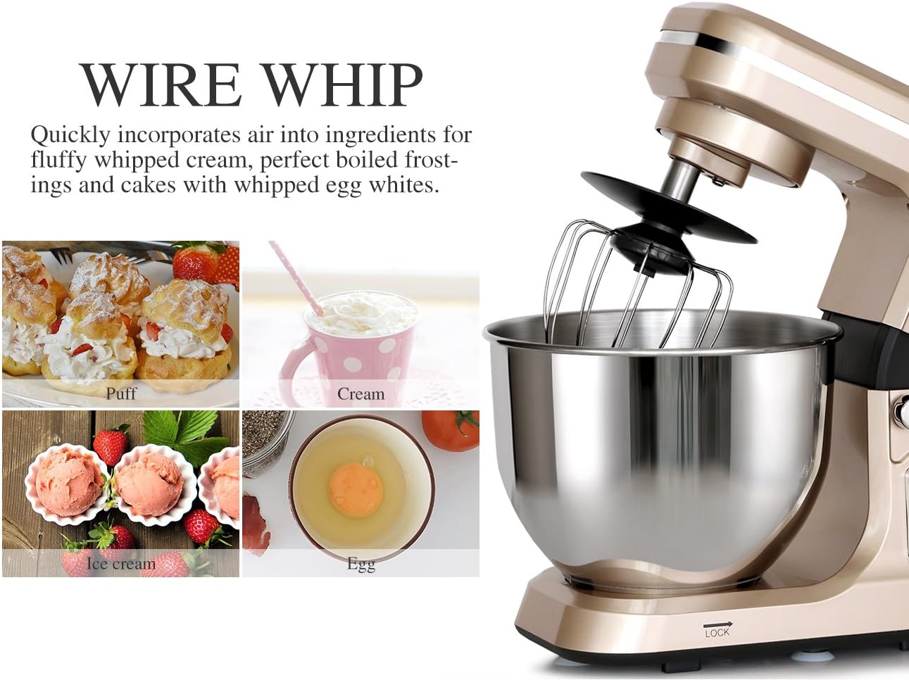 Stand Mixer,5.3-Qt & 500W & 6+P Speed MK36 Tilt-Head Kitchen Electric Food Mixers Home Baking Dough Machine with Accessories (Champagne)