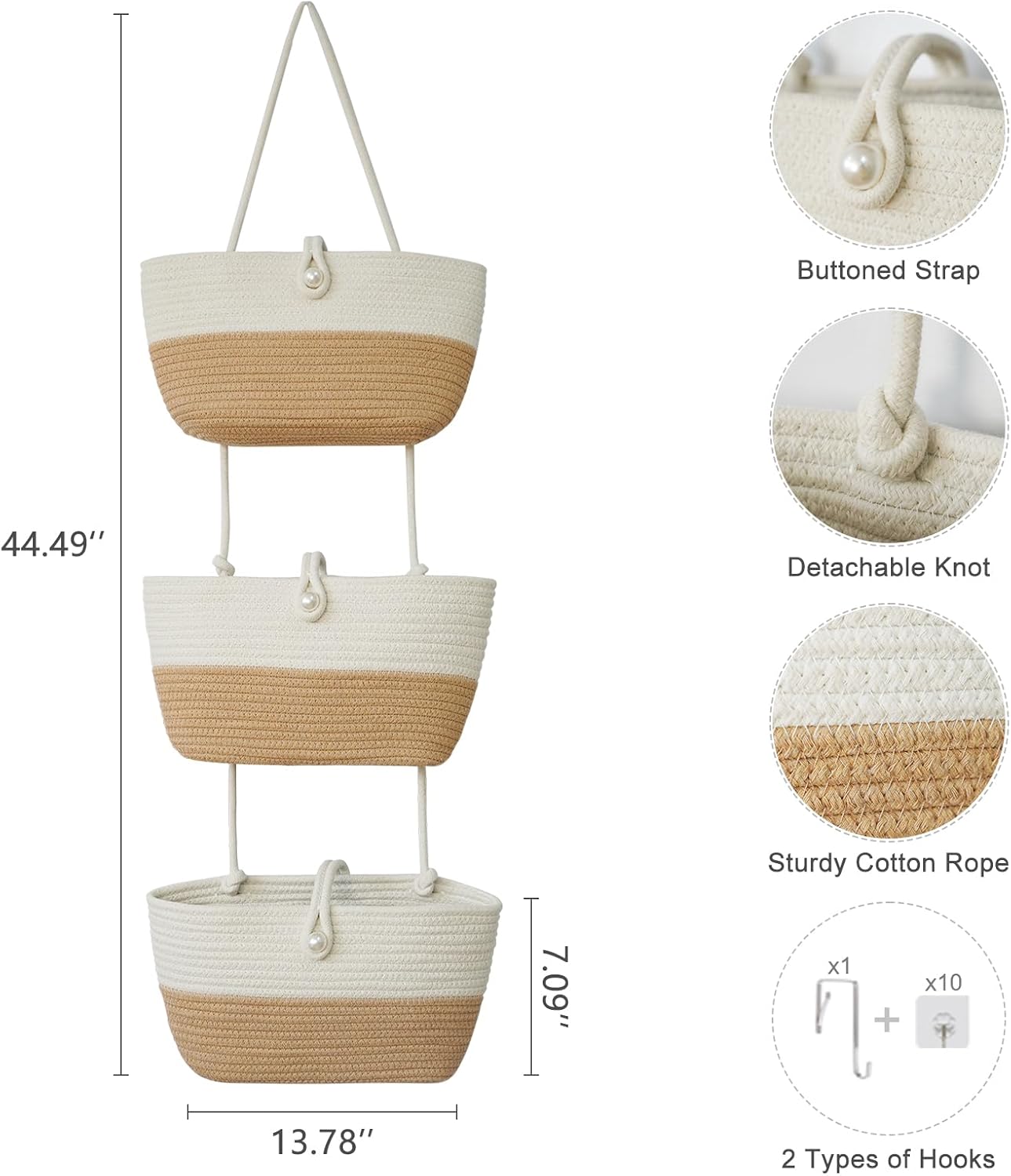 TeoKJ 3-Tier Hanging Baskets for Storage with Pearl Button Strap, Cotton Rope Over the Door Organizer, Wall-Mounted with Hook Decorative Hanging Kitchen Baskets, White & Jute