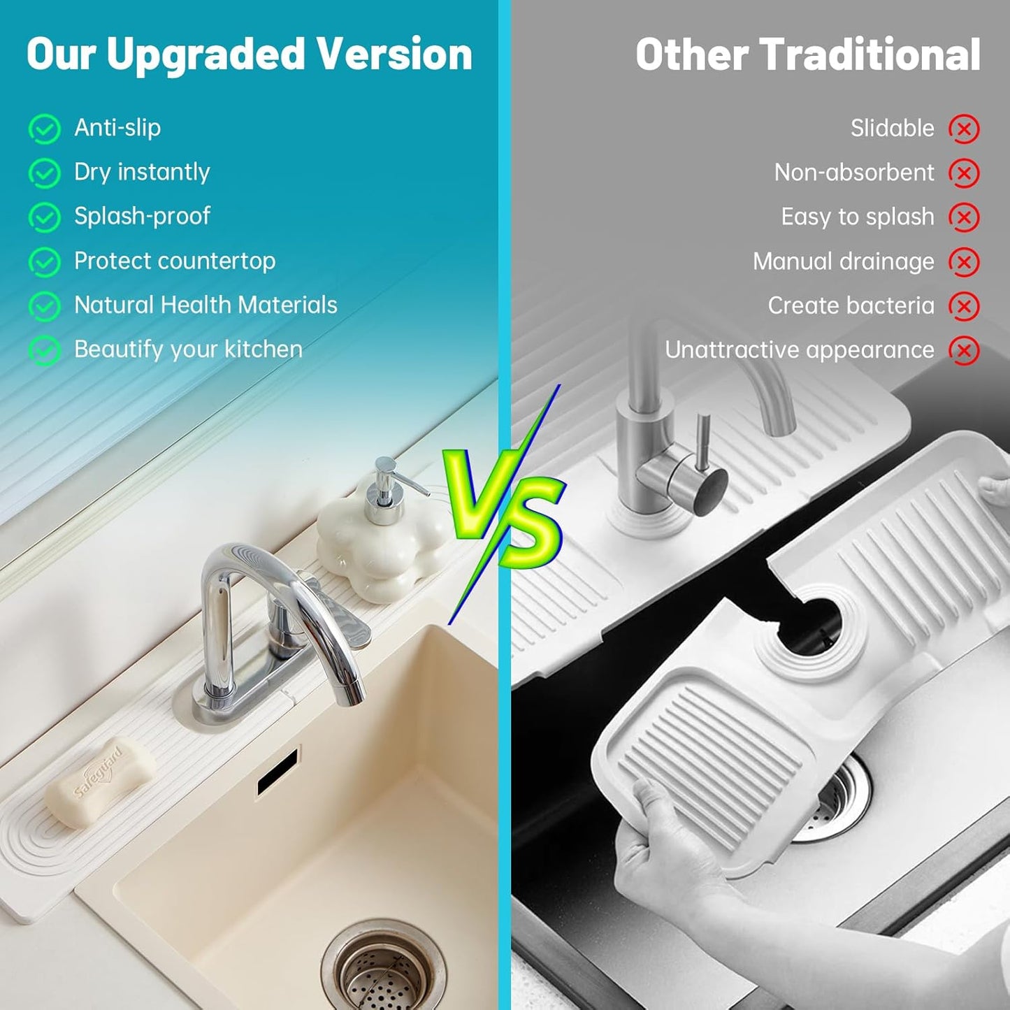 Stone Faucet Mat for Kitchen Sink with Oval Hole – 23.6" × 3.9" Diatomite Drying Stone Mat & Sink Protector, Quick-Dry Splash Guard Water-Absorbing Tray for Bathroom Counter（White.23.6" x 3.9"）