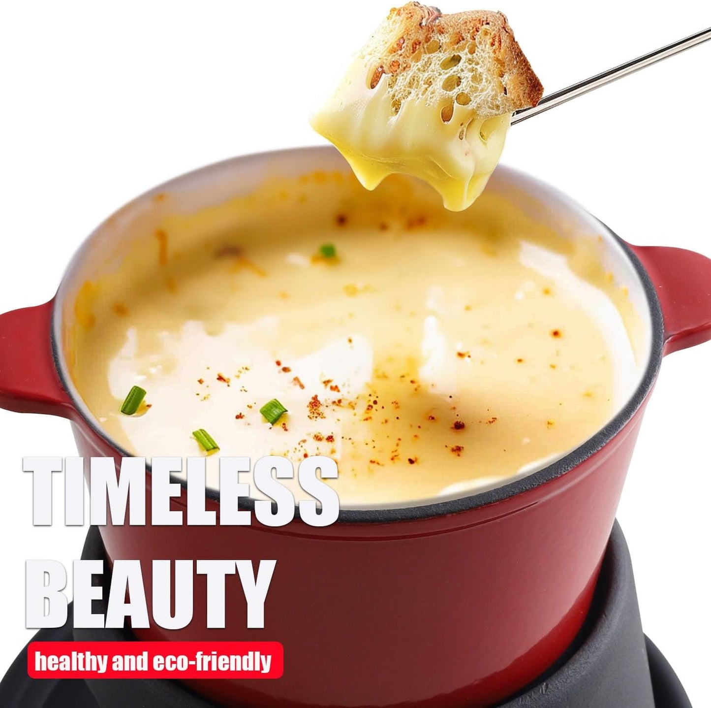 Artestia Cast Iron Cheese Fondue Pot for Chocolate Fondue Pot Swiss Fondue Set for Camping Outdoor with 6 Fondues Forks, 11-Piece Cheese Fondue Sets Serve 6 Persons (Red)