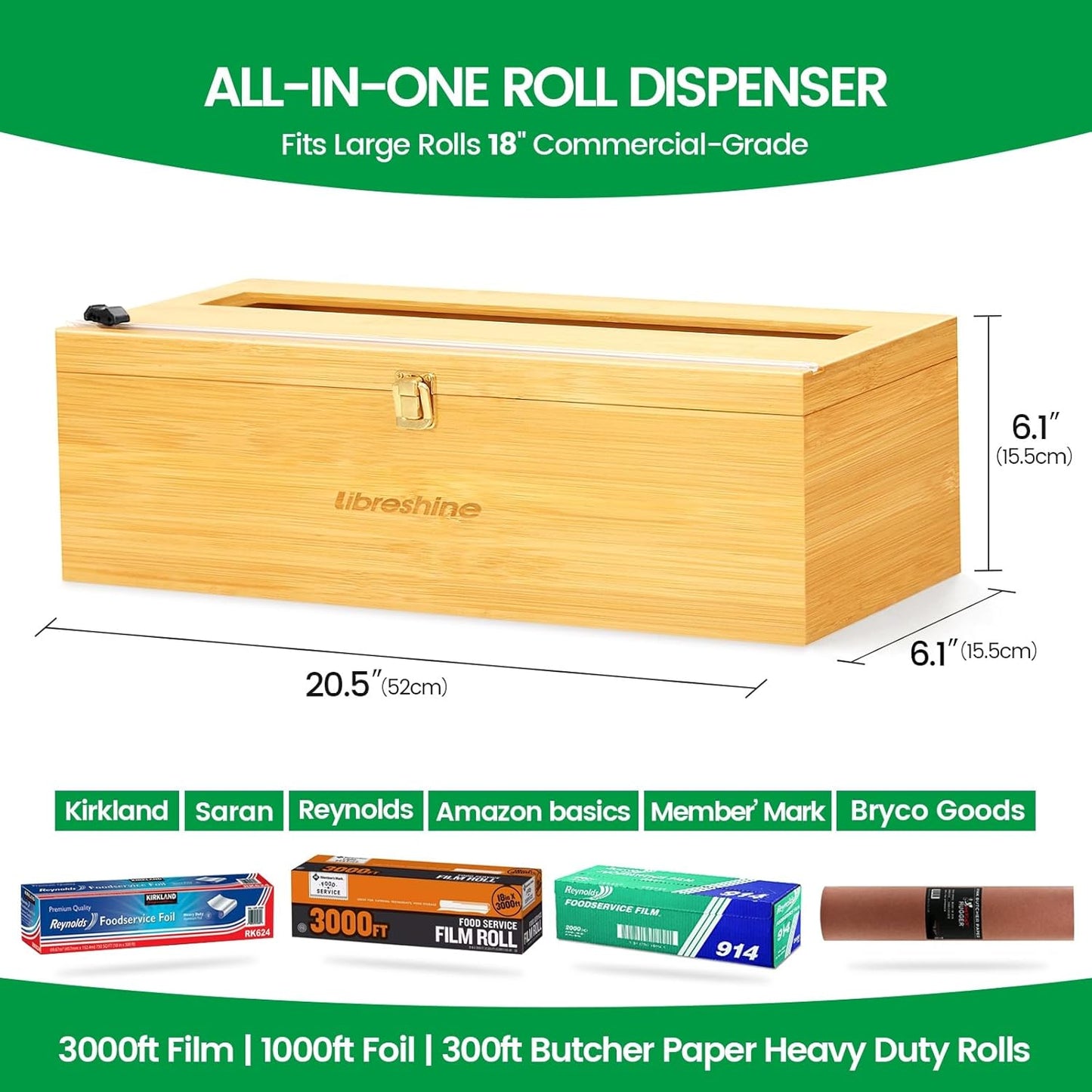 18 Inch Commercial Plastic Wrap Dispenser with Cutter & Roller - Heavy Duty 3000ft Film & 1000ft Foil Holder - Fits Butcher, Freezer, Kraft Paper for Restaurant Kitchen Food Service