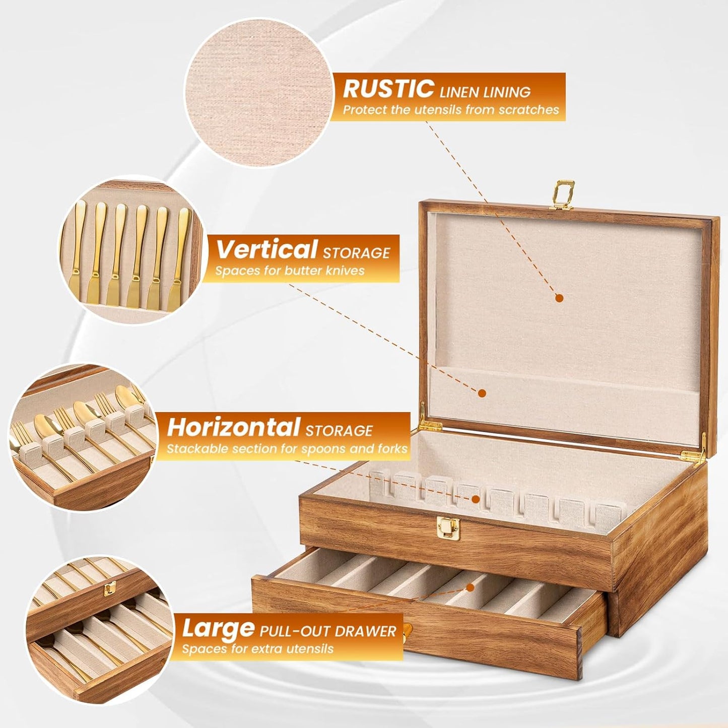 Silverware Storage Box, 2-Layer Flatware Storage Case with Drawer, Wooden Silverware Chest with Linen Liner, Rustic Silverware Case for Storing Fine Flatware and Utensils (Brown)