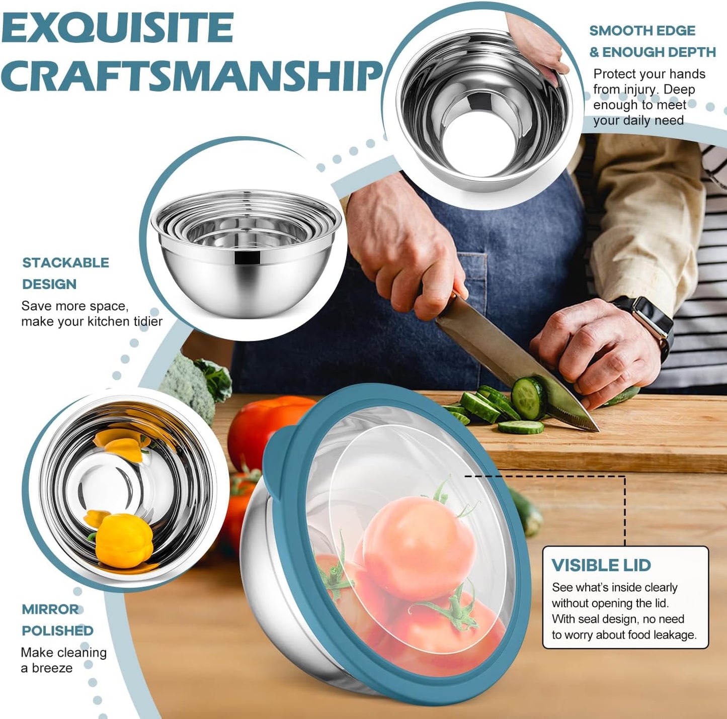 E-far Mixing Bowls Set of 7, Stainless Steel Mixing Bowls with Airtight Clear Lids, Metal Nesting Bowls for Kitchen Prep, Baking, Serving, Dishwasher Safe, Size 4.6, 3.5, 3, 2, 1.5, 1, 0.7QT, Blue