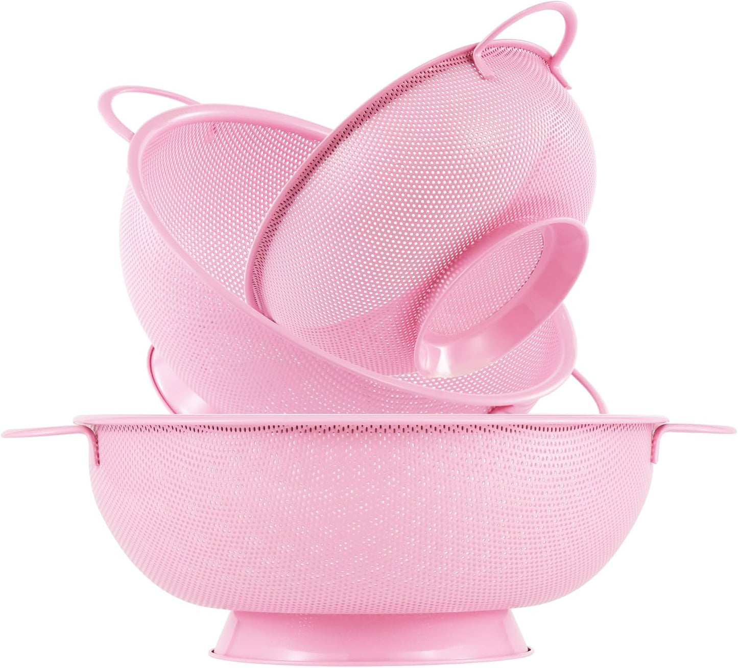 Stainless Steel Colander 3 Piece,Metal Strainer Basket with Solid Base and Handles for Kitchen Food,Pasta, Noodles, Vegetables and Fruits,Powder Coated,BPA Free,Dishwasher Safe,2 & 3 & 4.5 Qt (Pink)