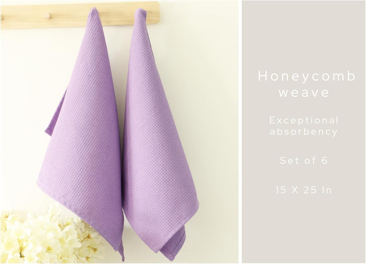 PurpleEssences Waffle Weave Kitchen Towel, 100% Cotton - 15 x 25 Inches, with Hanging Loop Ultra Soft Absorbent Quick Drying Dish Cloth, Tea and Hand Towels, 6 Pack - Spring Summer - Lavender