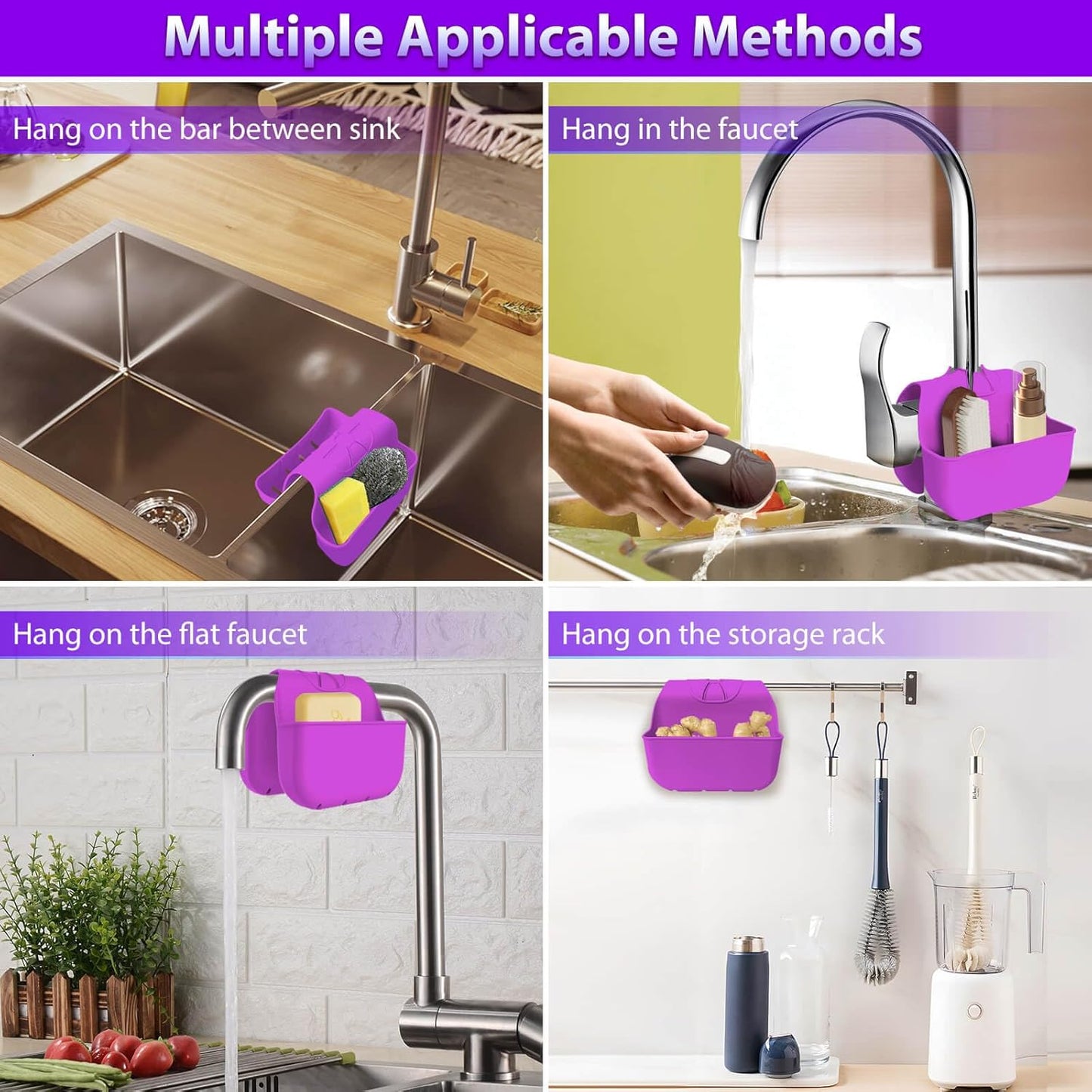 Sponge Holder for Kitchen Sink, Silicone Sink Saddle Caddy Organizer Rack, Sponges Holder Over Faucet, Hanging Kitchen Organizer Accessories Rack Basket Purple
