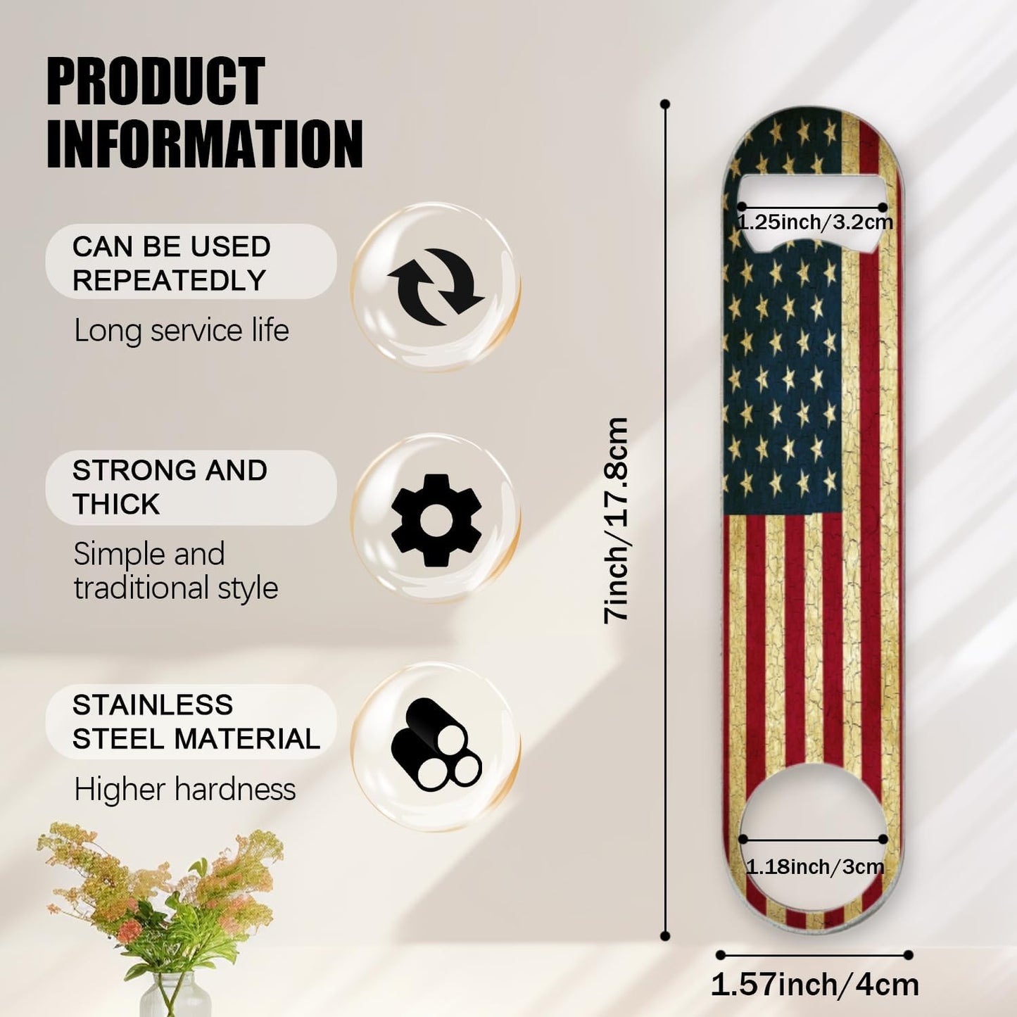 2 PACK Beer Bottle Opener, Stainless Steel Flat Bottle Openers,7 inch Metal Decor,Vintage United States Of America Flag