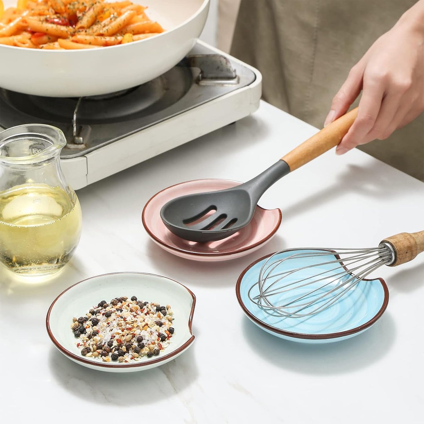 Selamica Ceramic Spoon Rest for Stove Top, 4.6 Inch Cooking Spoon Holder for Kitchen Counter, Stackable Utensil Rest Holder for Spatula Ladles Tong Coffee Spoon, Set of 4, Gradient Color