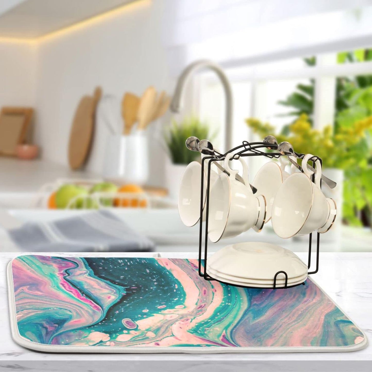 Super Absorbent Dish Drying Mat, Microfiber Fast-Drying Dish Mat, 16" x 18", Kitchen Dish Drying Pad, Marble Pink Green