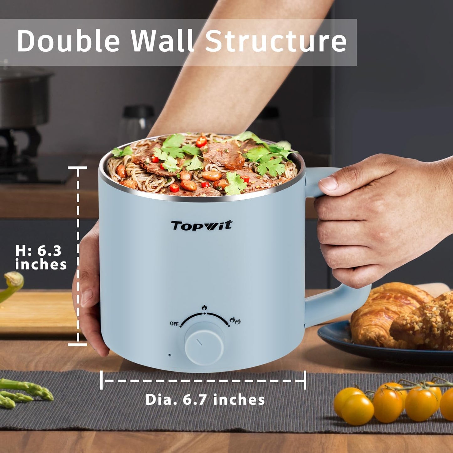 Topwit Hot Pot Electric with Steamer, 1.6L Ramen Cooker, Electric Pot for Pasta, Shabu-Shabu, Oatmeal, Soup and Egg, Portable Cooker with Dual Power Control, Dorm Room Essentials, Blue