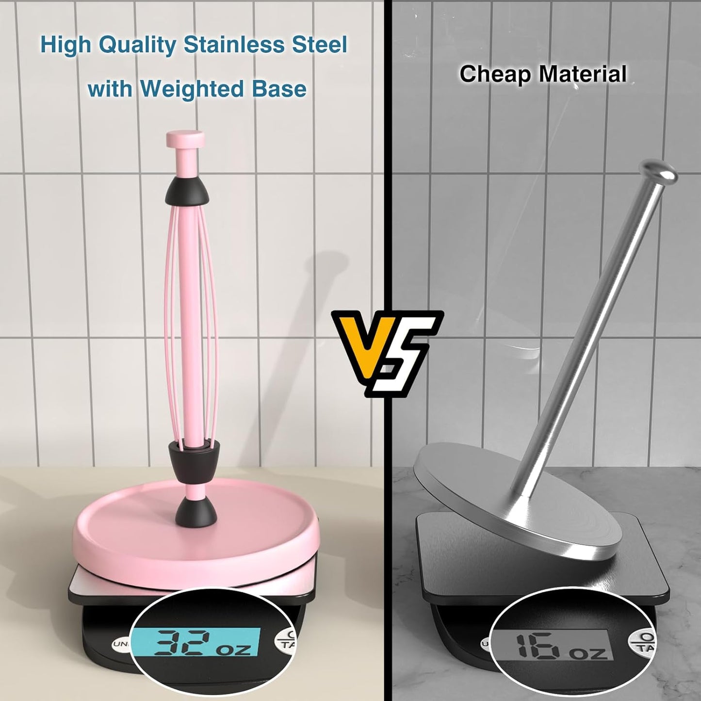 Pink Paper Towel Holder Countertop, Pink Kitchen Accessories Decor, Stainless Steel, Weighted Base, Paper Towel Roll Holder Stand with Ratchet Mechanism for Kitchen Bathroom Farmhouse Essentials