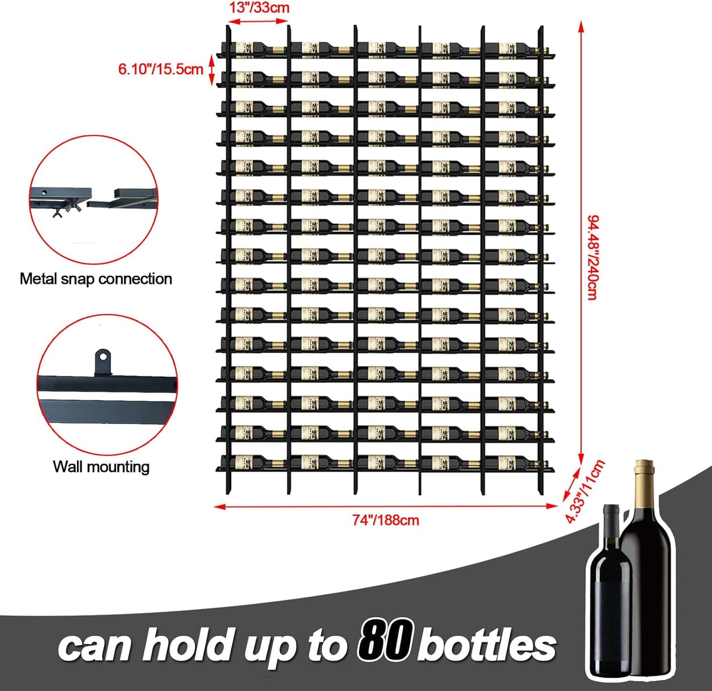 Wine Rack Freestanding Floor, 16 Tier 80 Bottle Capacity Display Holder, Black Industrial Wine Bottle Storage Shelves, for Any Bar, Wine Cellar, Kitchen, Dining Room (Black, 5 Column)