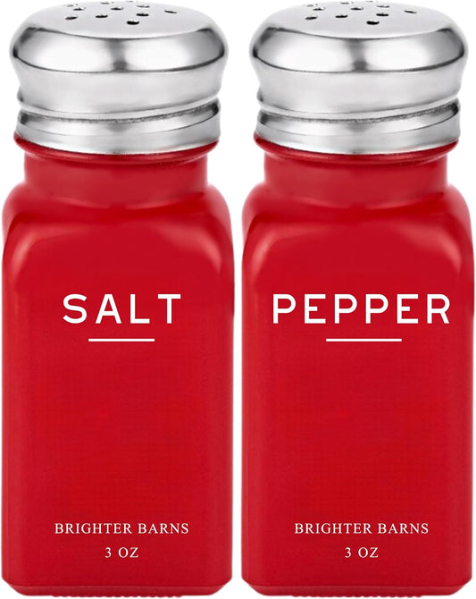 Red Salt and Pepper Shakers Set by Brighter Barns - Modern Red Kitchen Decor, Red Kitchen Accessories - Cute Glass Salt and Pepper Set with Stainless Steel Lids for Kitchen, Restaurants, Gifts (Red)
