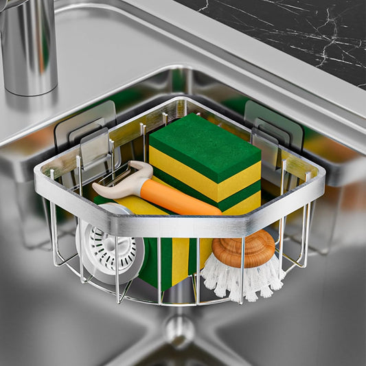 Sponge Holder Corner Sink Caddy Sink Organizer for Kitchen Bathroom Stainless Steel Triangle Soap Holder with 2 Pcs Adhesive Hook(L)