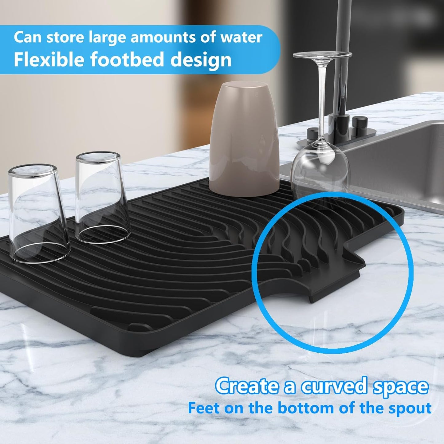 Kitchen Drying Mat for sink with a bulged edge,18"×12"Silicone Dish Drying Mat with built-in Drain Spout, Rubber Dish Mat for Kitchen (18"×12"black)