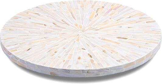 PEMAR PEMAR Mother of Pearl Lazy Susan Turntable – 12.6″ Decorative Wooden Rotating Tray Countertop Organizer (White Cream Sunlight/Starburst Pattern)