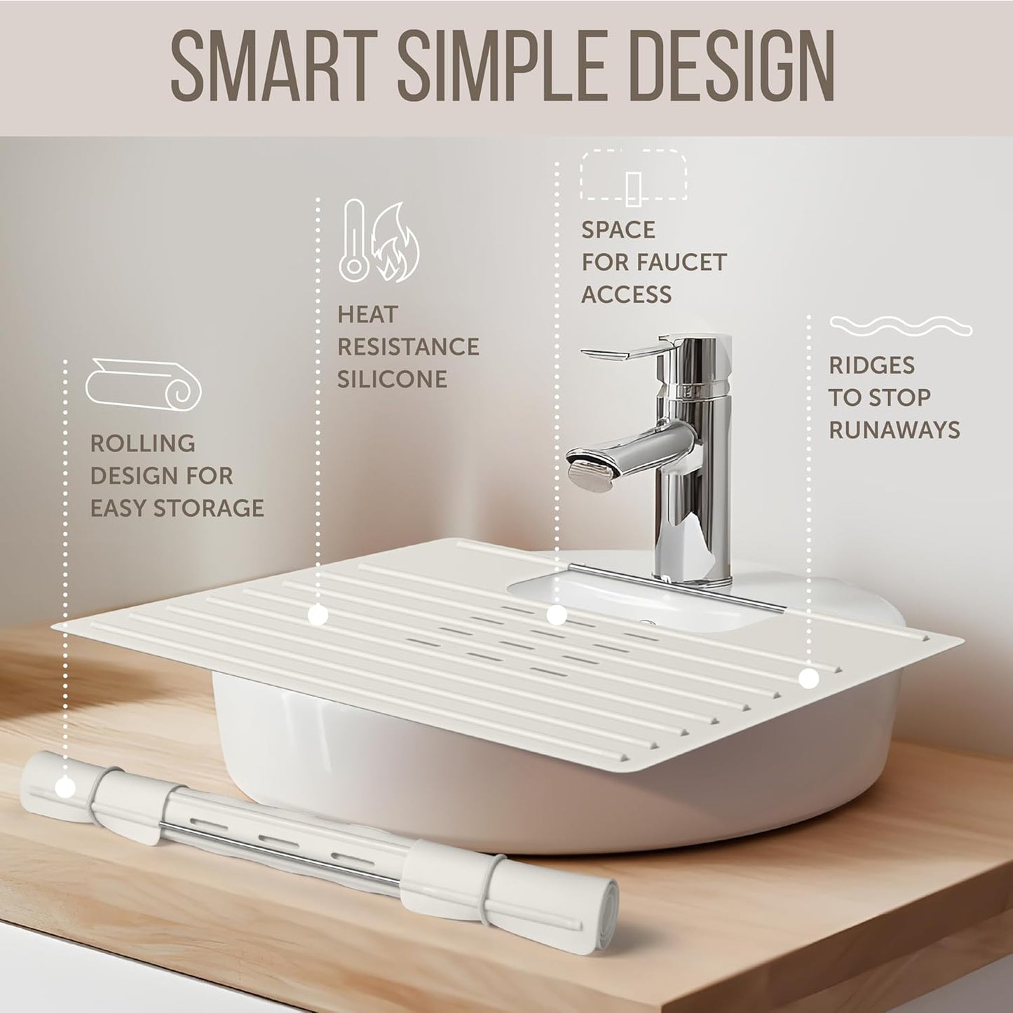 Maplefield Bathroom Sink Cover for Counter Space, Heat Resistant Silicone Sink Mat for Your Beauty Routine, Small Bathroom Space Saver Sink Cover for Makeup (Taupe Large, 22 x 2 x 2 Inches)