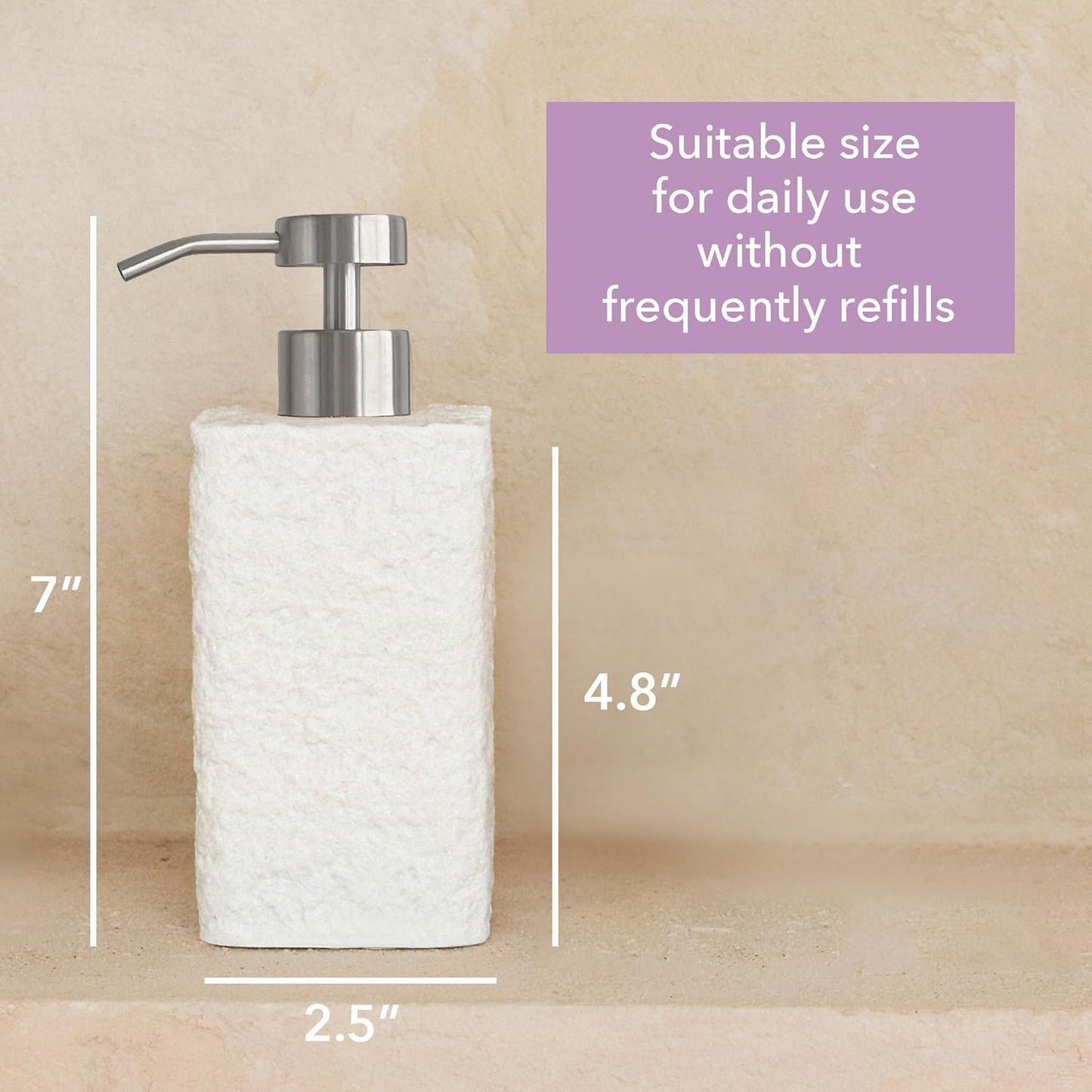 Lunestella White Textured Soap Dispenser with Stainless Steel Pump, Natural Stone Finish for Modern Farmhouse Bathroom, 12oz
