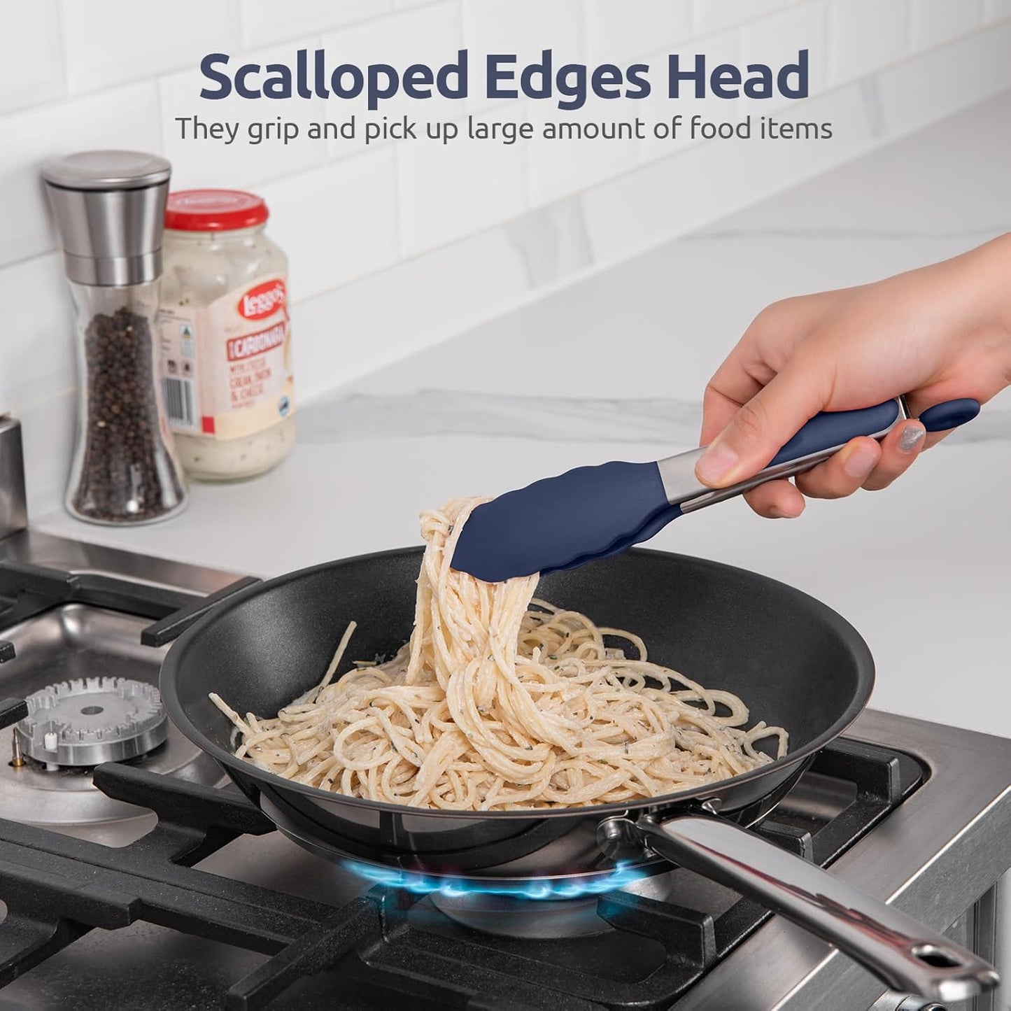 480ºF Heat Proof Kitchen Tong: U-Taste 7" Silicone Cooking Tong with Firm Sealed Non Stick Rubber Tips & Silicon Coated 18/8 Stainless Steel Handle & Smooth Locking for Serving Salad (Midnight Blue)