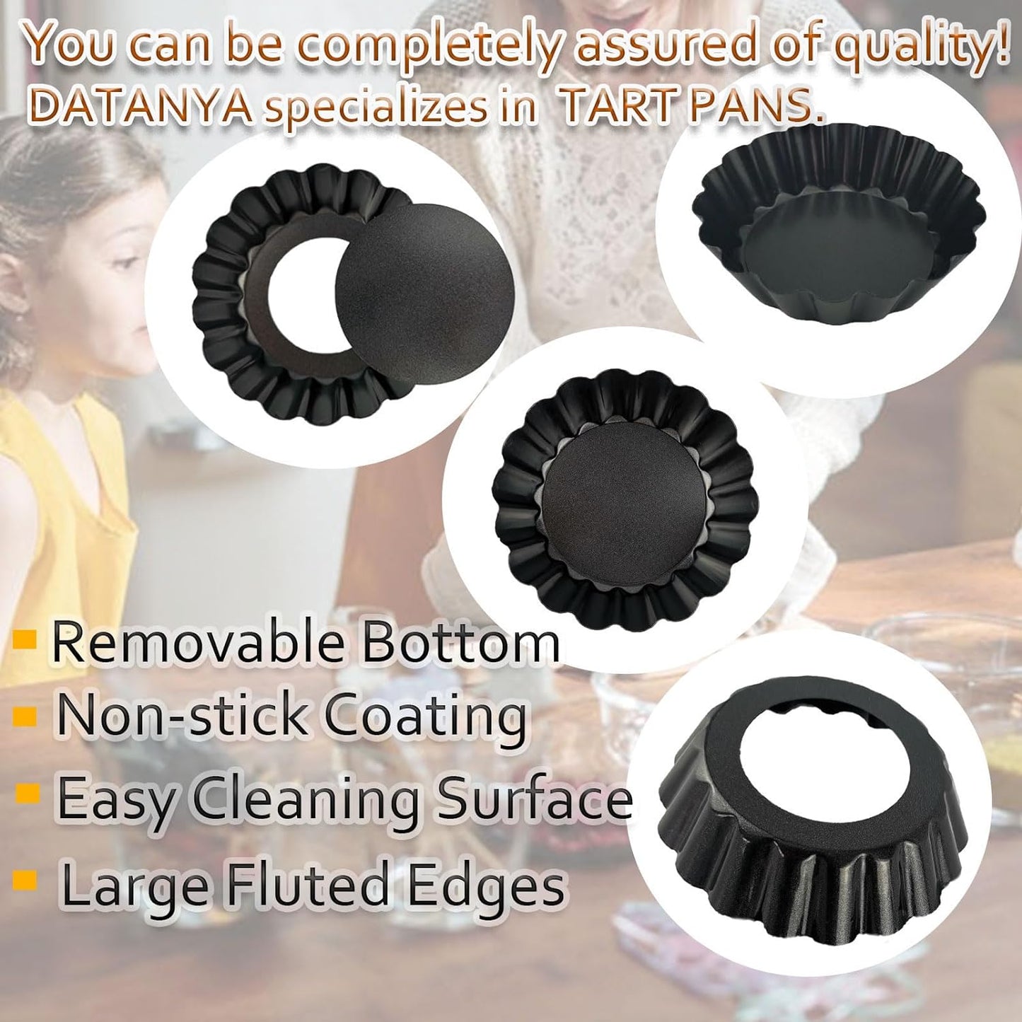 DATANYA 24Packs Mini Tart Pans 3 Inch with Removable Botttom, Carbon Steel Fluted Tart Tin Shell Mold Round Nonstick 3'' Quiche Pans for Pies, Mousse Cakes, Dessert Baking