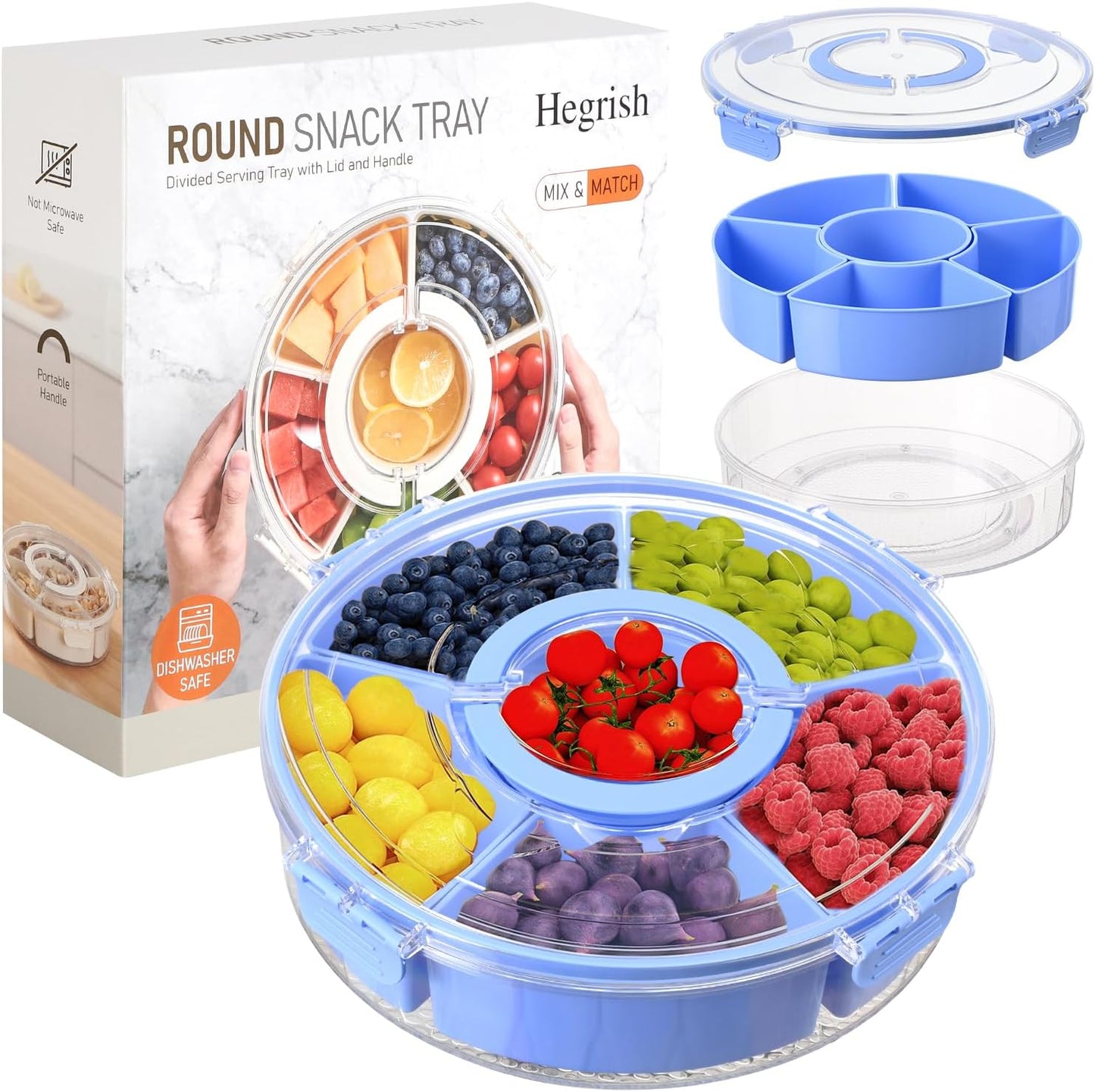 Round Divided Serving Tray with Lid, Rotating Snack Container, Dishwasher Safe Food Organizer for Fruits, Candy, Nuts, Vegetables