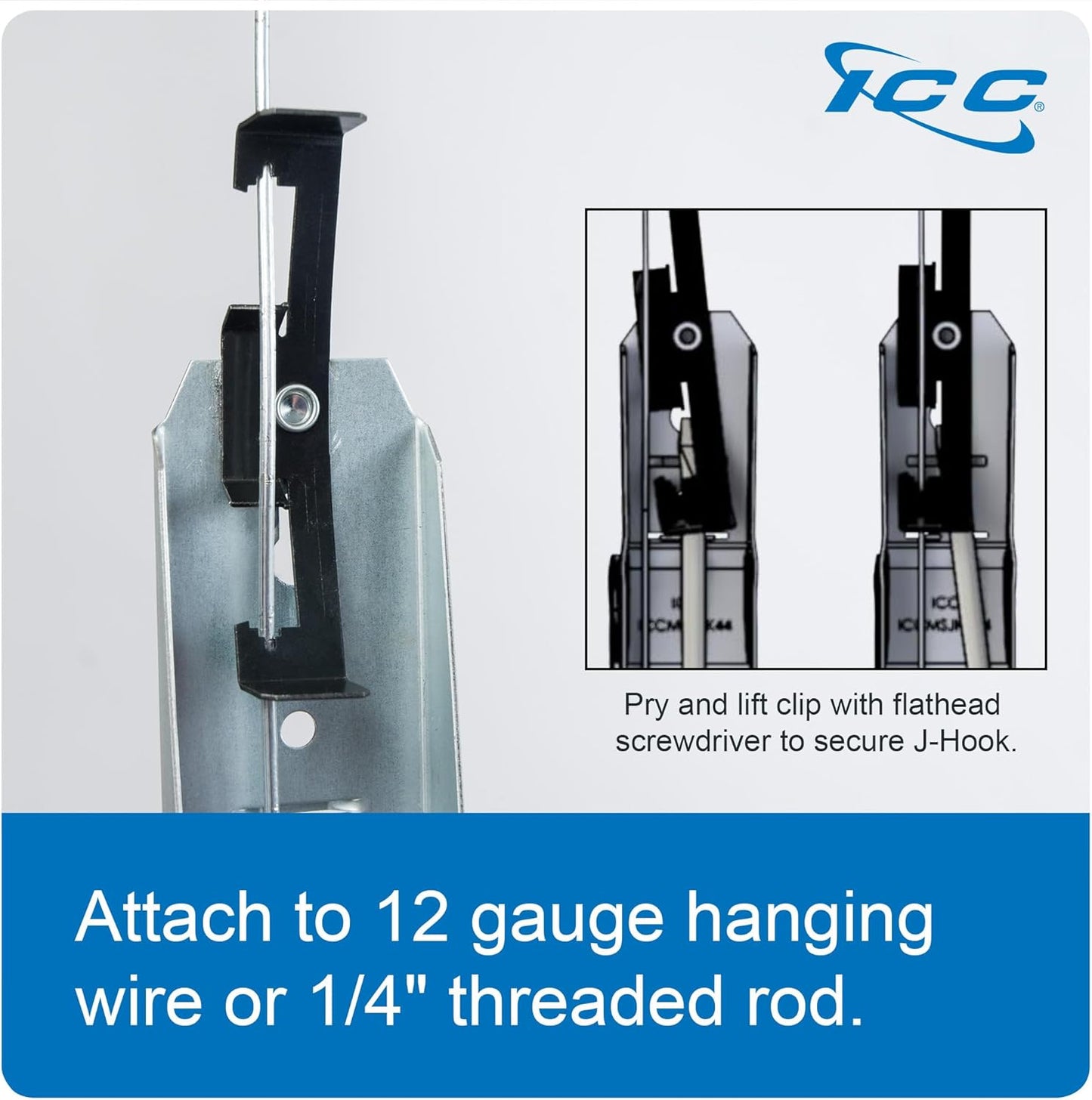 ICC Batwing J Hook 3/4” Without Retainer Clip - Galvanized Steel Cable Management Hooks for Hanging Cable to Hanger Wire and Threaded Rod - Rust-Resistant, EIA and TIA Compliant - 3/4 Inch 25 Pack