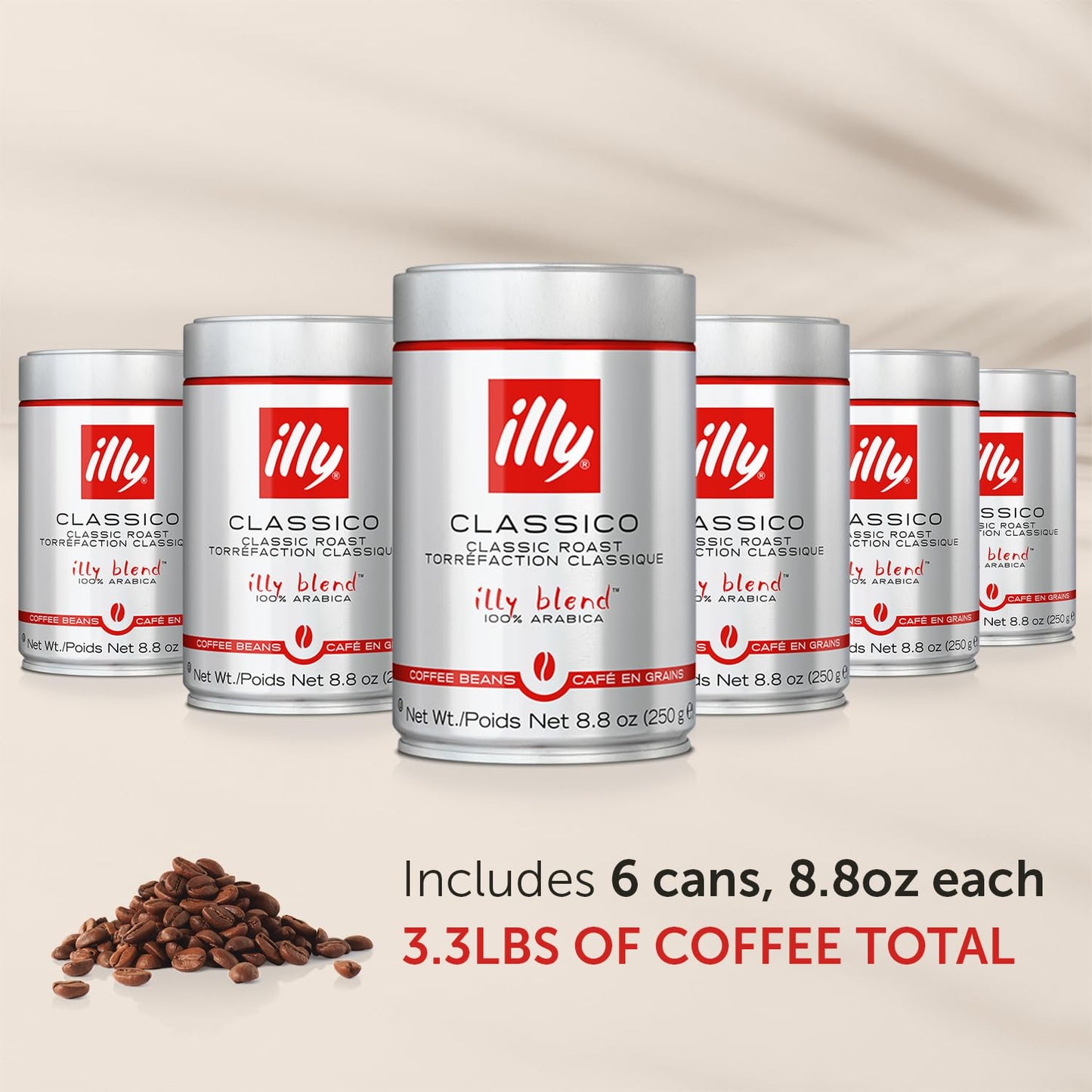 Illy Whole Bean Coffee, Classico Medium Roast - Mild & Balanced - 100% Arabica - Whole Beans - Pressurized Packaging Sealed for Freshness - 8.8oz can (Pack of 6)