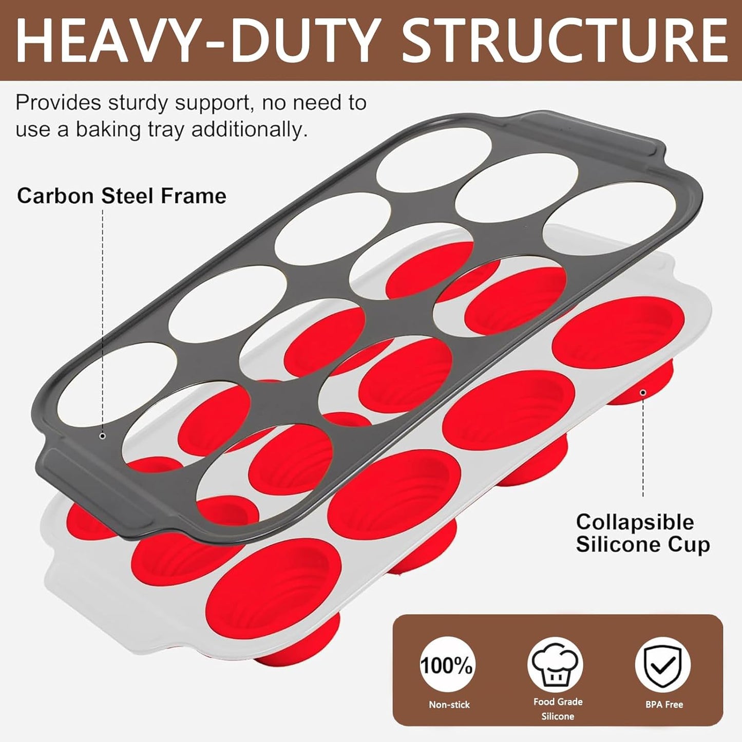 Silicone Muffin Pan with Metal Frame, Egg Bite Maker Silicone Molds for Baking, Cupcake Pans 12 Regular Size, Muffin Tins Easy to Pop Nonstick Bakeware for Oven (Red)