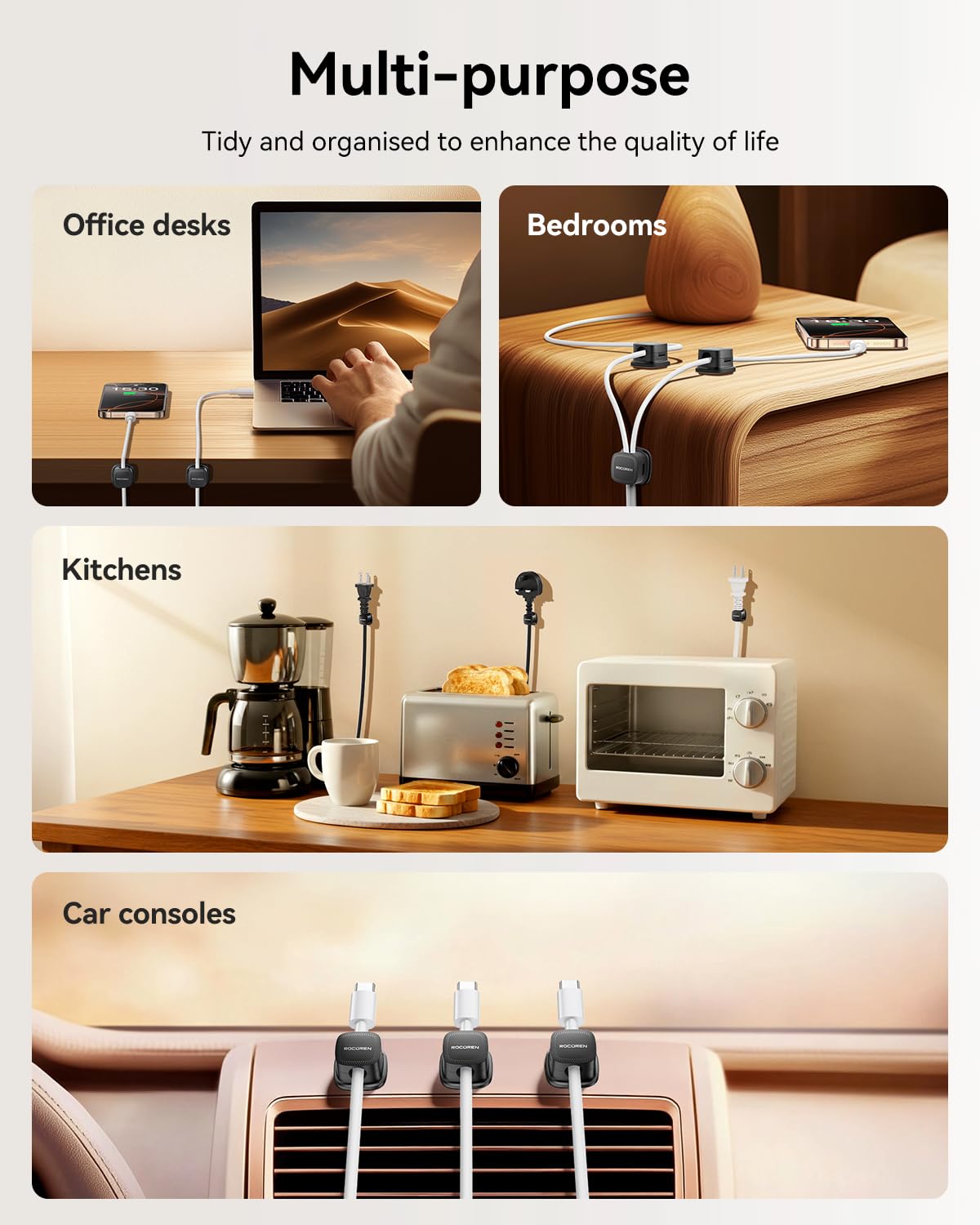 18 Pack Cable Management Cord Organizer,Magnetic Cable Clips-1s Lock,Rocoren Desk Adhesive Cord Cable Clip Wire Holder Keeper for Phone Charger Wire,Nightstand,Car,Office,Desktop Accessory,Black