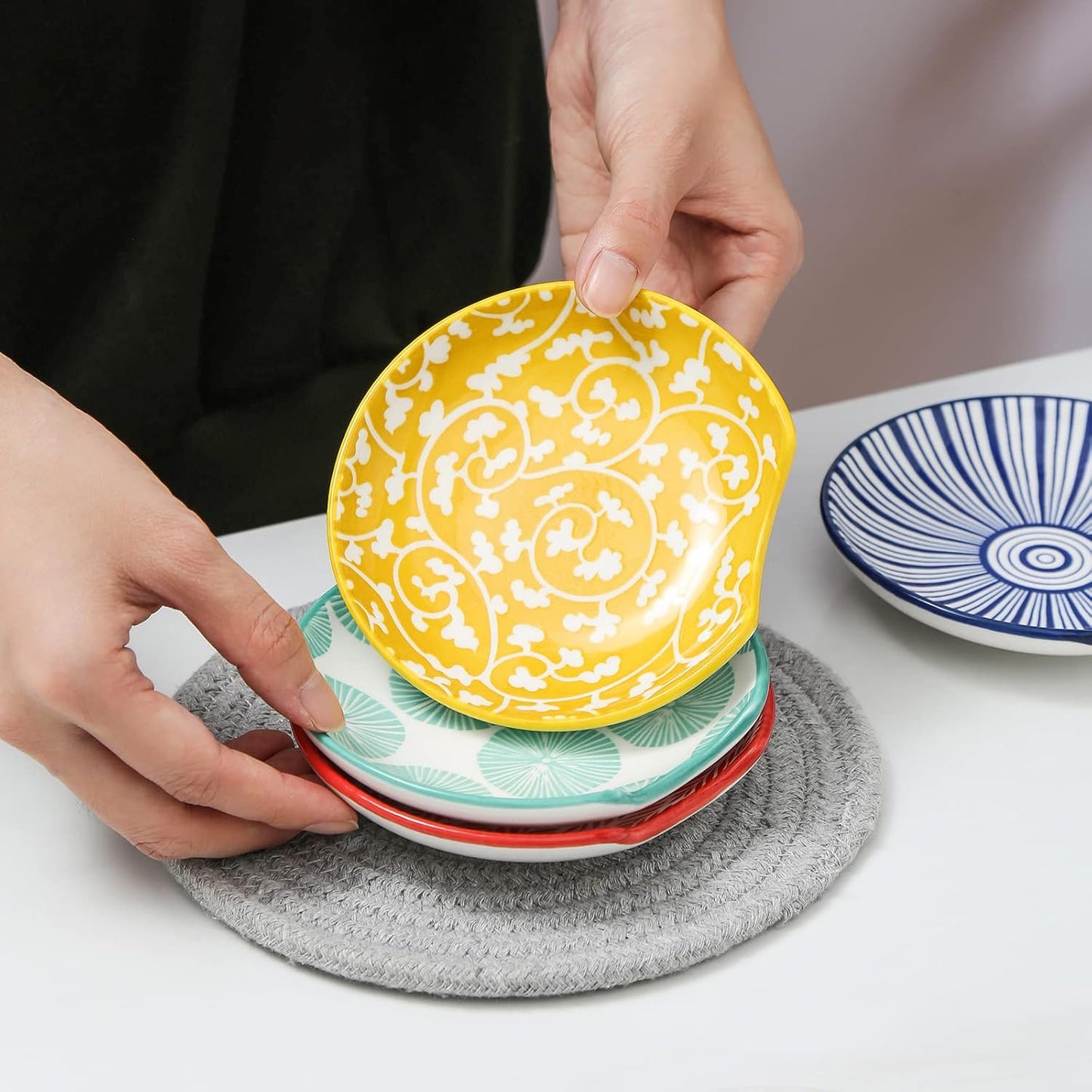 Selamica Ceramic Spoon Rest for Stove Top, 4.6 Inch Cooking Spoon Holder for Kitchen Counter, Stackable Utensil Rest Holder for Spatula Ladles Tong, Set of 4, Assorted Colors