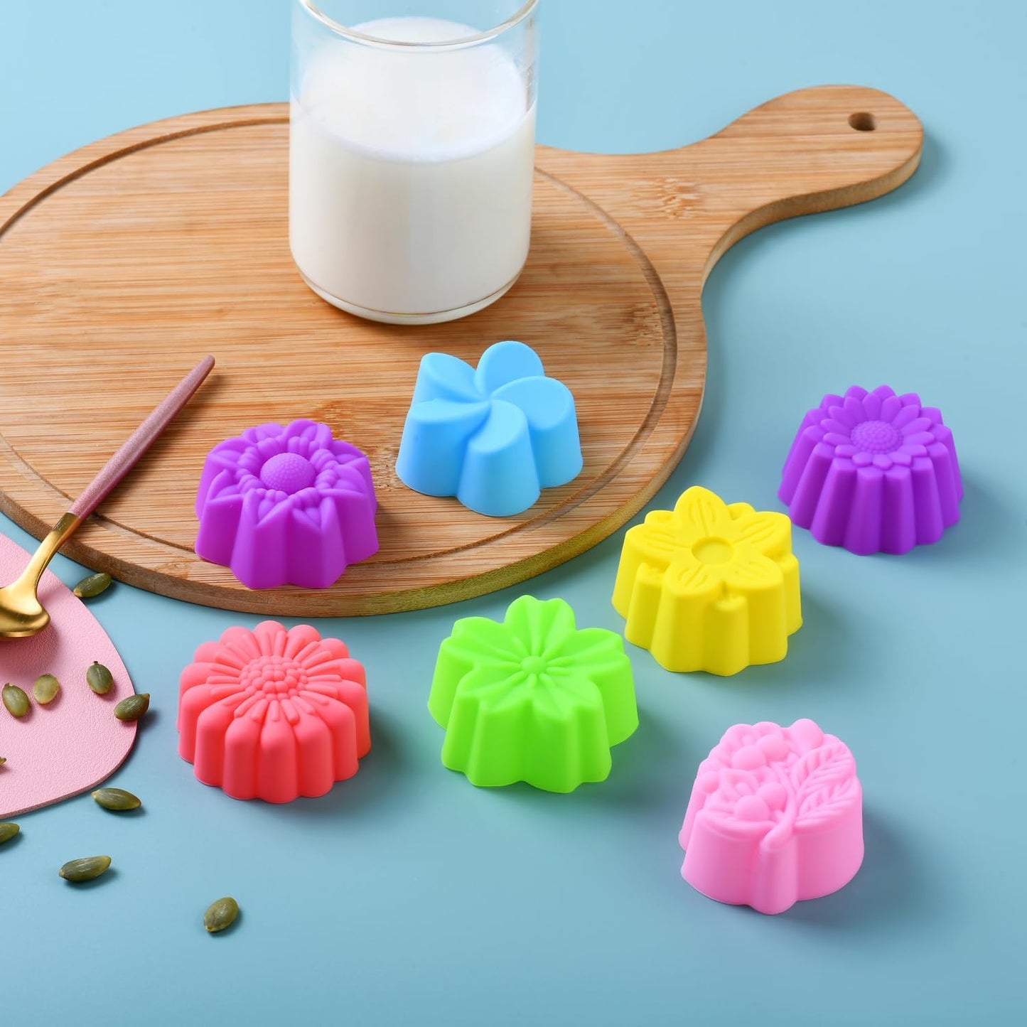 Reusable Silicone Baking Cups, 2 Inch Mini Size Silicone Cupcake Liners for baking, Multi Flower Shapes reusable Muffin Liners, Pack of 42