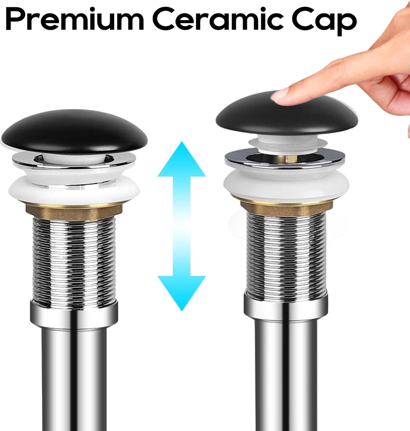 Bathroom Sink Drain Without Overflow, Ceramic Cap Pop Up Drain Stopper, Rustproof Brass and 304 Stainless Steel, Black