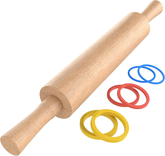 Classic Wooden Rolling Pin with Handle for Fondant, Pizza, Pies, Cookies, Pastries, Rolling Pin for Baking with 3 Multi-Color Thickness Rings, 17"x2.5" (Include handle) Beechwood Rolling Pin