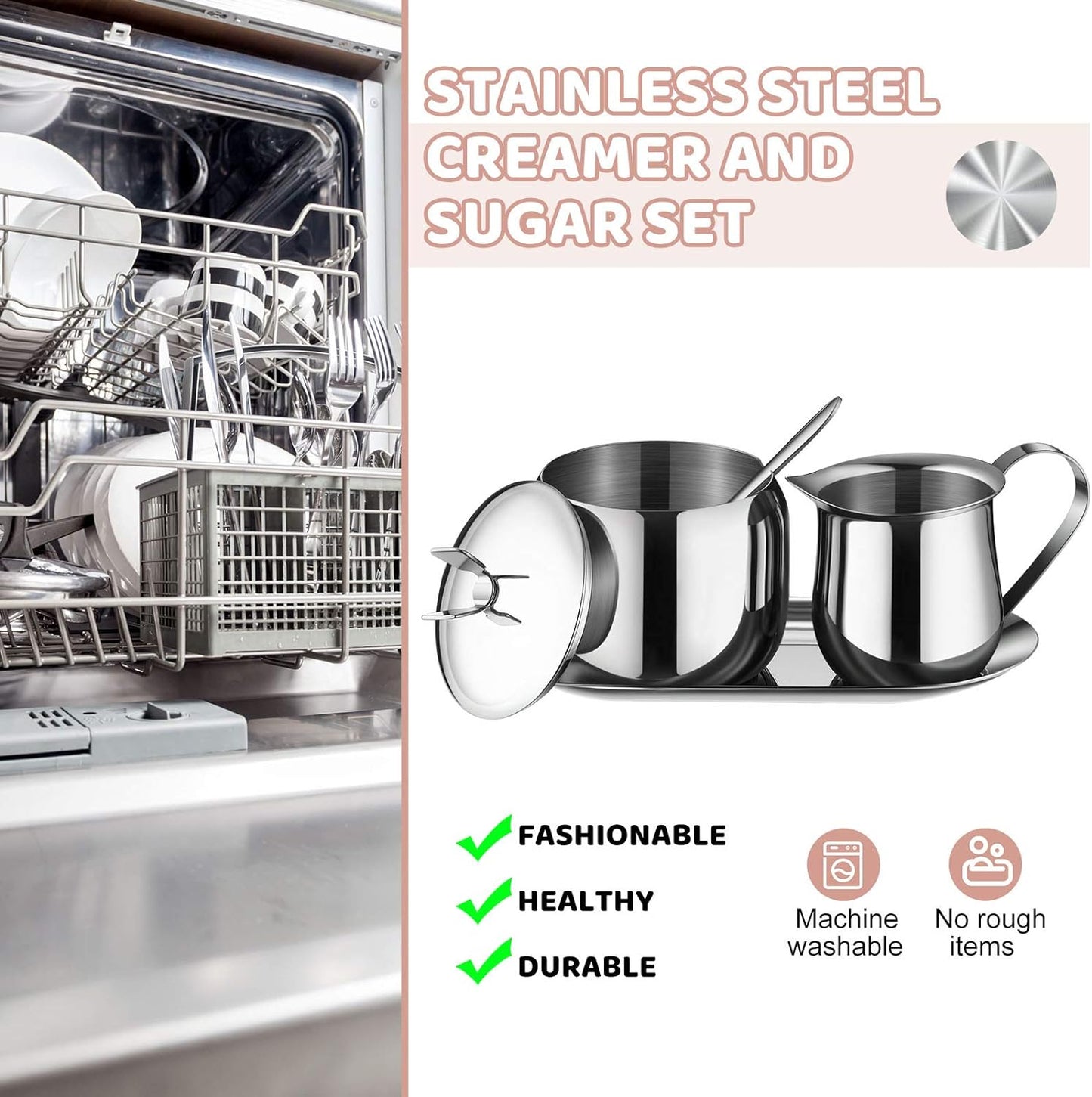 Creamer and Sugar Bowl Set Stainless Steel Latte Milk Cup Cream Jug and Sugar Bowl with Lid Spoon Tray for Coffee Serving Set Frothing Milk