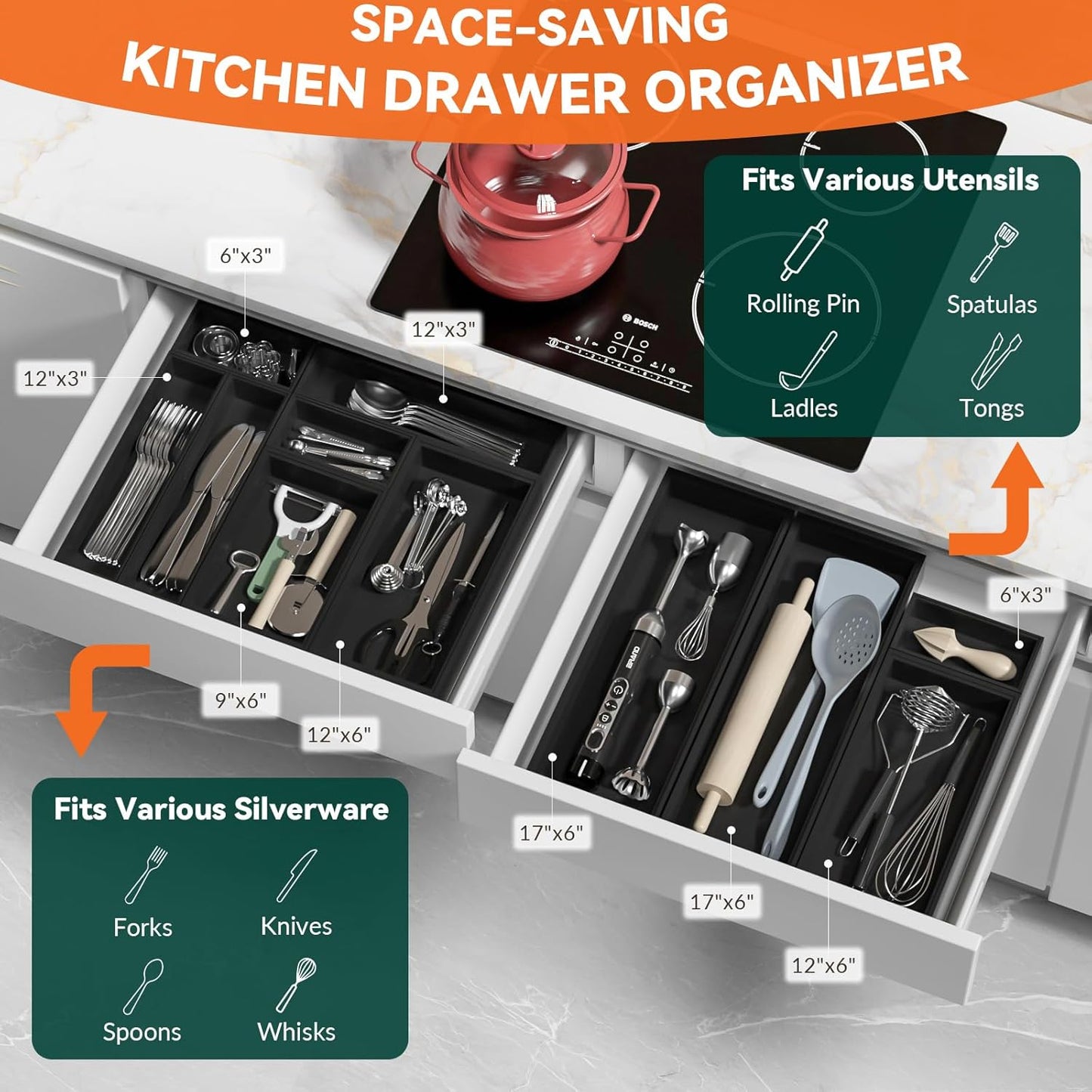 Bamboo Drawer Organizer, Cutlery Silverware Organizer for Kitchen Drawer, Stackable Utensil Organizer, 2 Pcs Flatware Organizer, Wooden Storage Box Tray (Black, 12 X 6 X 2 Inch)