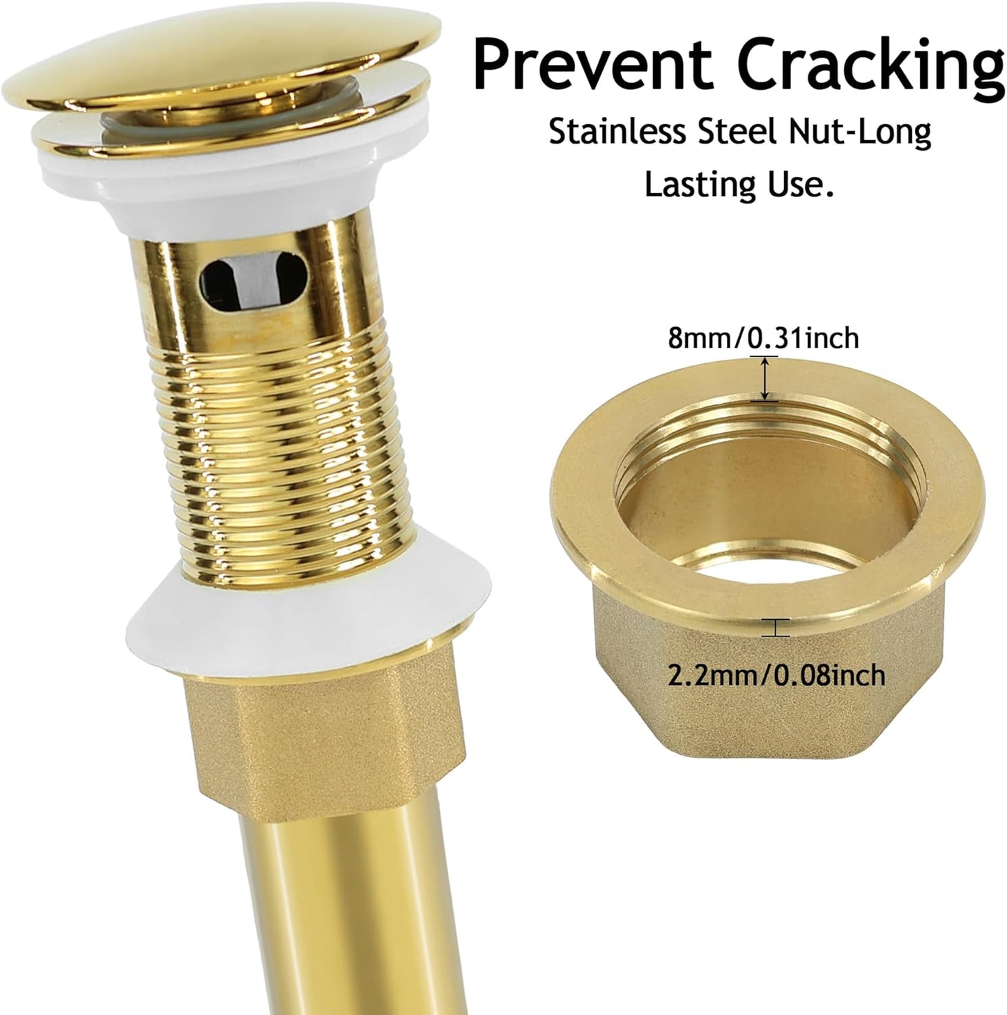Bathroom Sink Drain, Gold Drain Stopper Bathroom Sink with Overflow,Pop Up Drain Assembly with Detachable Strainer Basket,Built-in Anti-Clogging Strainer,Stainless Steel Gold