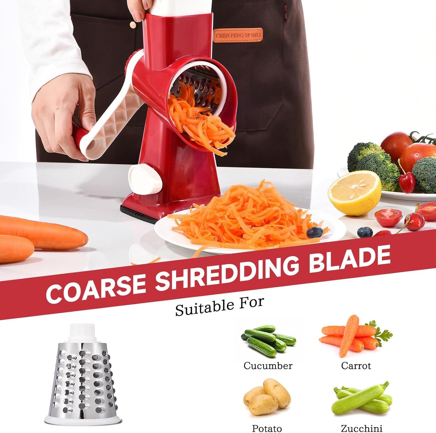 Rotary Cheese Grater Hand Crank Cheese Shredder Vegetable Mandoline Slicer for Kitchen 3 in 1 Changeable Blades for Cheese Potato Nuts Chocolate Ice (RedWhite)