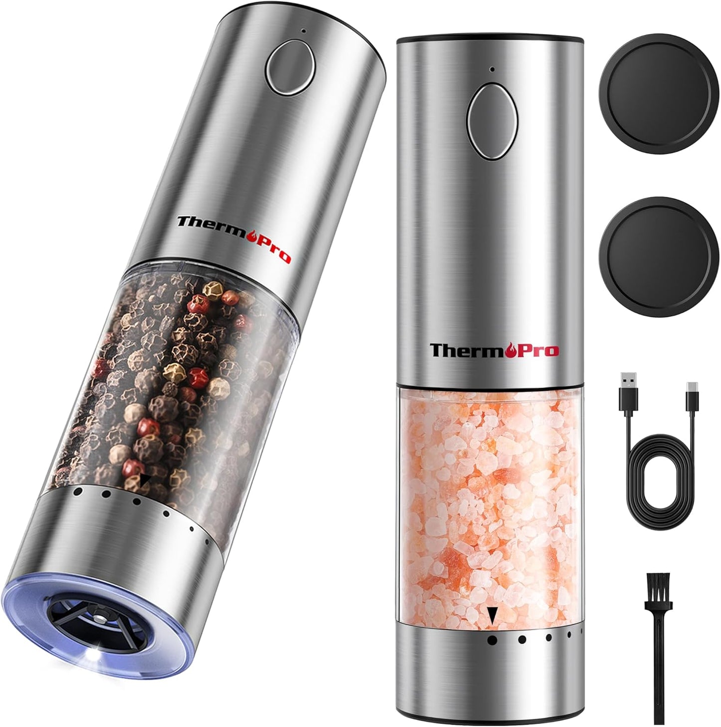 ThermoPro 110ml Electric Salt and Pepper Grinder Set Rechargeable, Automatic Pepper Grinder Shakers with External Adjustment, Refillable Pepper Mill Set with Dust Cover & LED, Stainless Steel 2-Pack
