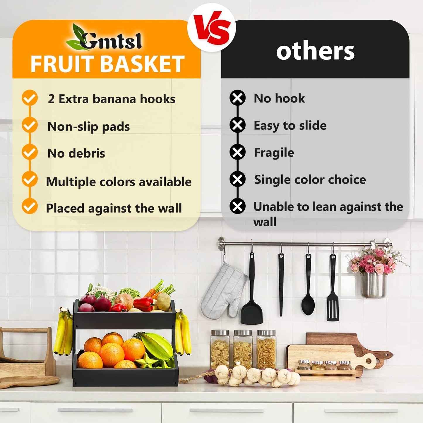 Bamboo Fruit Basket for Kitchen– 2 Tier Fruit Bowl For Kitchen Counter, Large Fruit Holder With 2 Banana Hangers, Idea For Fruit and Vegetable Storage, Bread Basket, Snack Organizer(BLACK)