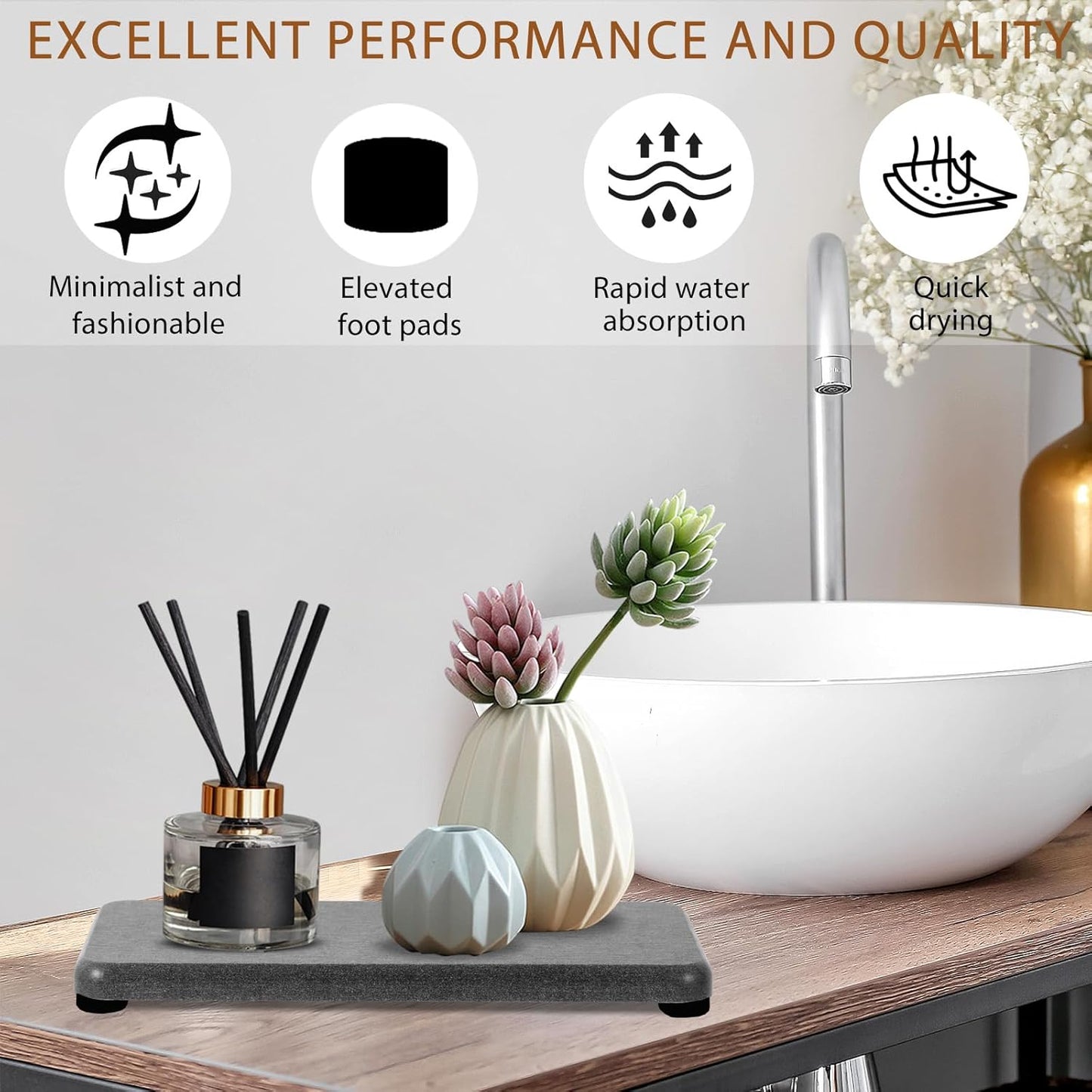4PCS Water Absorbing Stone Tray, Quick Drying Diatomite Stone Sink Tray, Water Absorbent Diatomite Coasters Used for Hand Soap Dispenser Toothbrush Sponges Holders in Bathroom Counter and Kitchen Sink