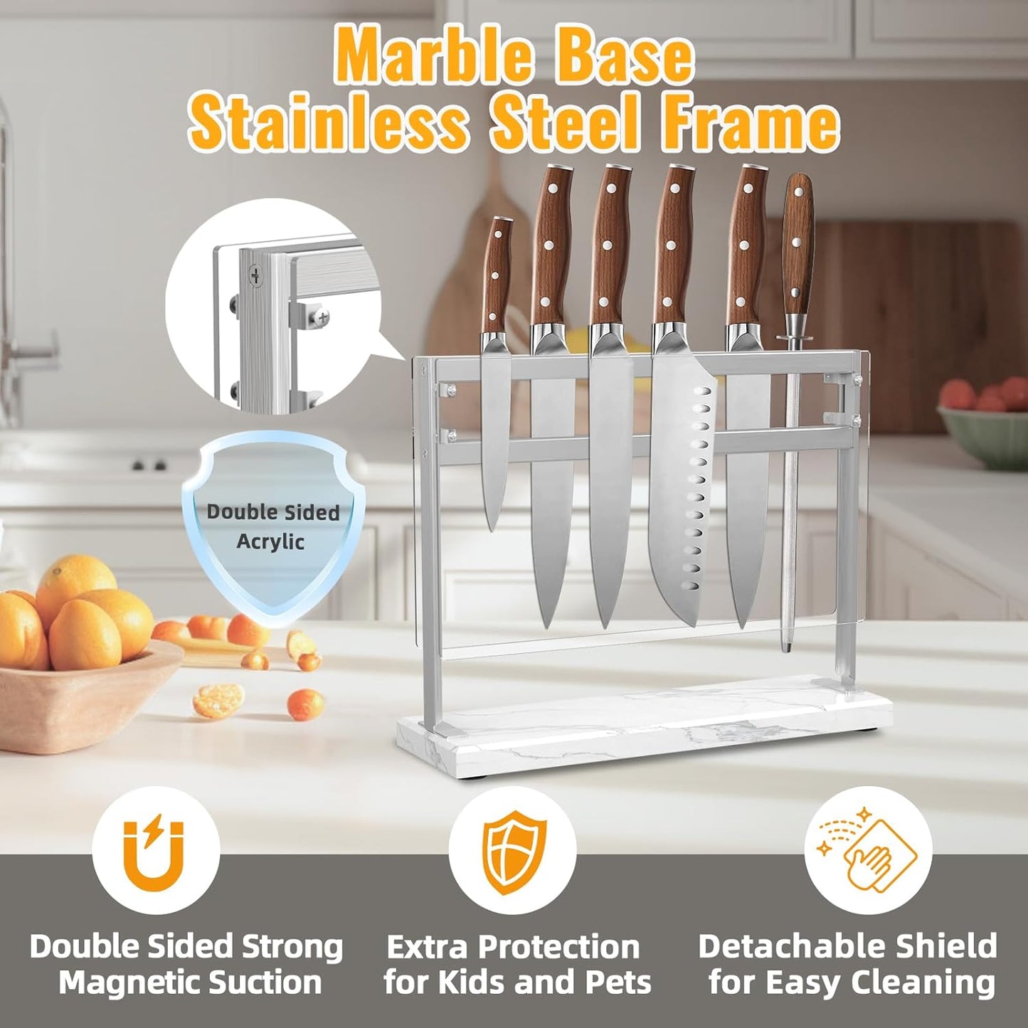 Magnetic Knife Stand Block with Marble Base, Double-sided Stainless Steel Magnets for Countertop with Acrylic Shield, Magnetic Knife Holder for Kitchen Storage, 12 IN, White