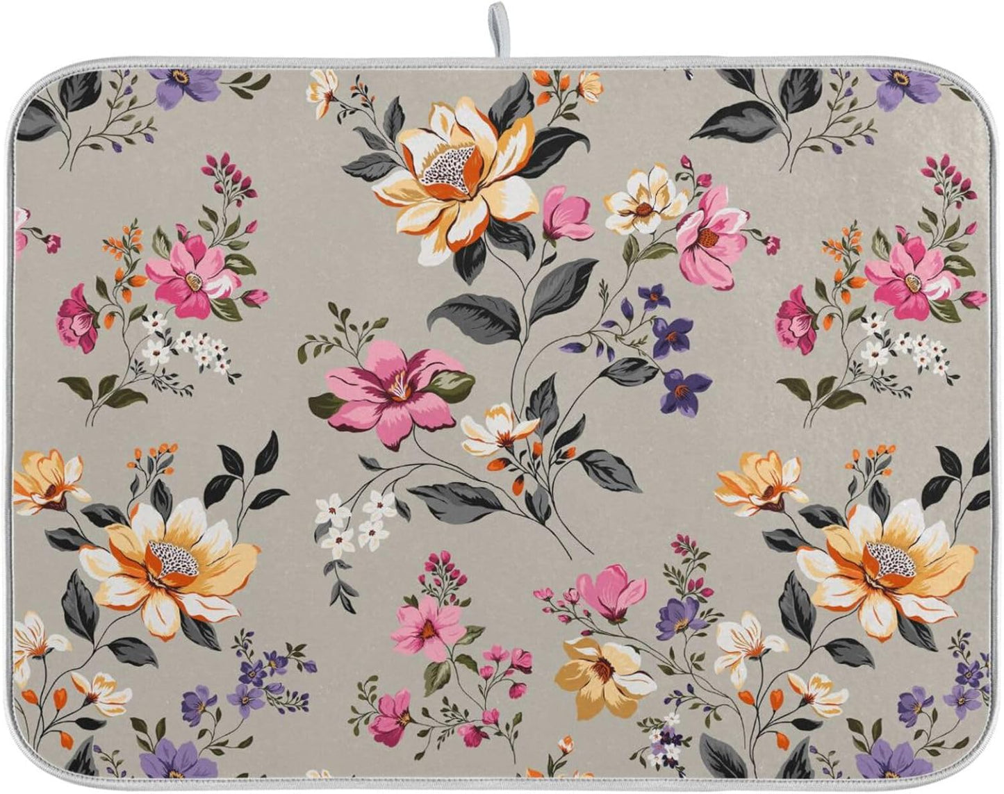 Vintage Flowers Leaves Dish Drying Mat for Kitchen Counter Absorbent Microfiber Drying Pad, Medium 16x18 in, Reversible Drainer Mats