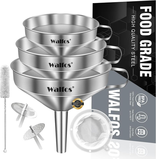 Walfos 3Pcs Kitchen Funnel with 2 Removable Strainer ＆ 1 Cleaning Brush & 1Pc 200 Mesh Food Filter Strainer, Food Grade Stainless Steel Funnel for Transferring of Liquid, Oils, Jam, Dry Ingredients