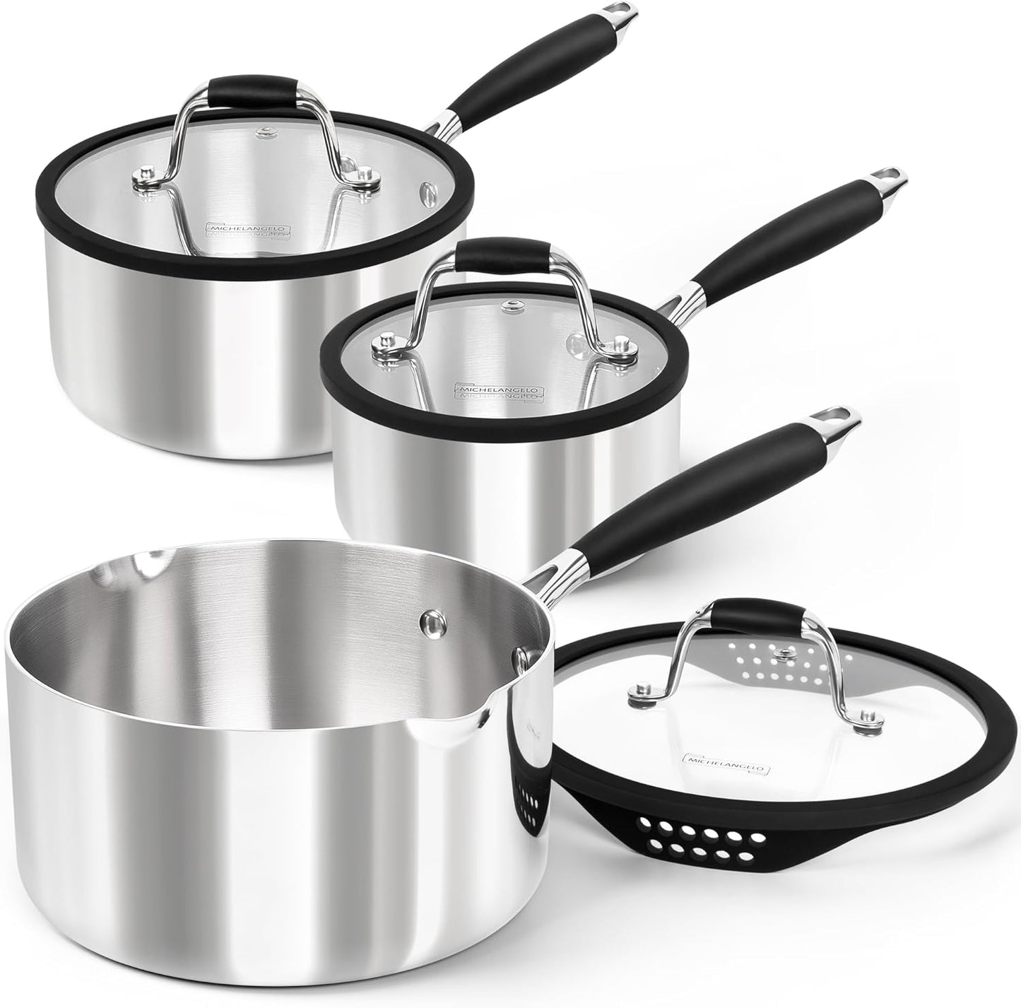 MICHELANGELO Triply Stainless Steel Saucepan Set with Strainer Lid, Heavy-duty Sauce Pan with Lid, Multipurpose Sauce Pot Induction Compatible - 1QT & 2QT & 3QT
