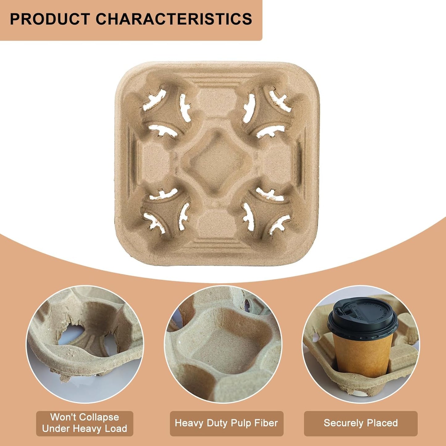 Coffee Cup Holder Disposable Cup Holder Tray, Four Cup Carrier Tray 50 Pack,Biodegradable, Eco-Friendly Drink Carrier For Delivery Of Hot Or Cold Drinks(Four-cup size tray)