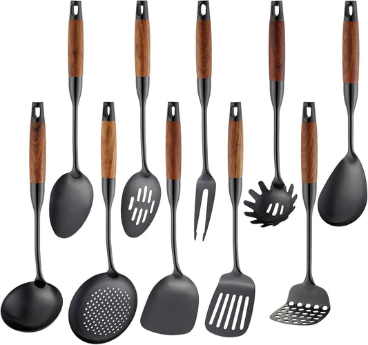 Stainless Steel Kitchen Utensils Set with Wood Handle, 18/10 Metal Cooking Utensils Set, 10-Piece - Spatula, Spoon, Ladle, Skimmer, Slotted Turners, Pasta Server, Fork, Masher(Dishwasher Safe)
