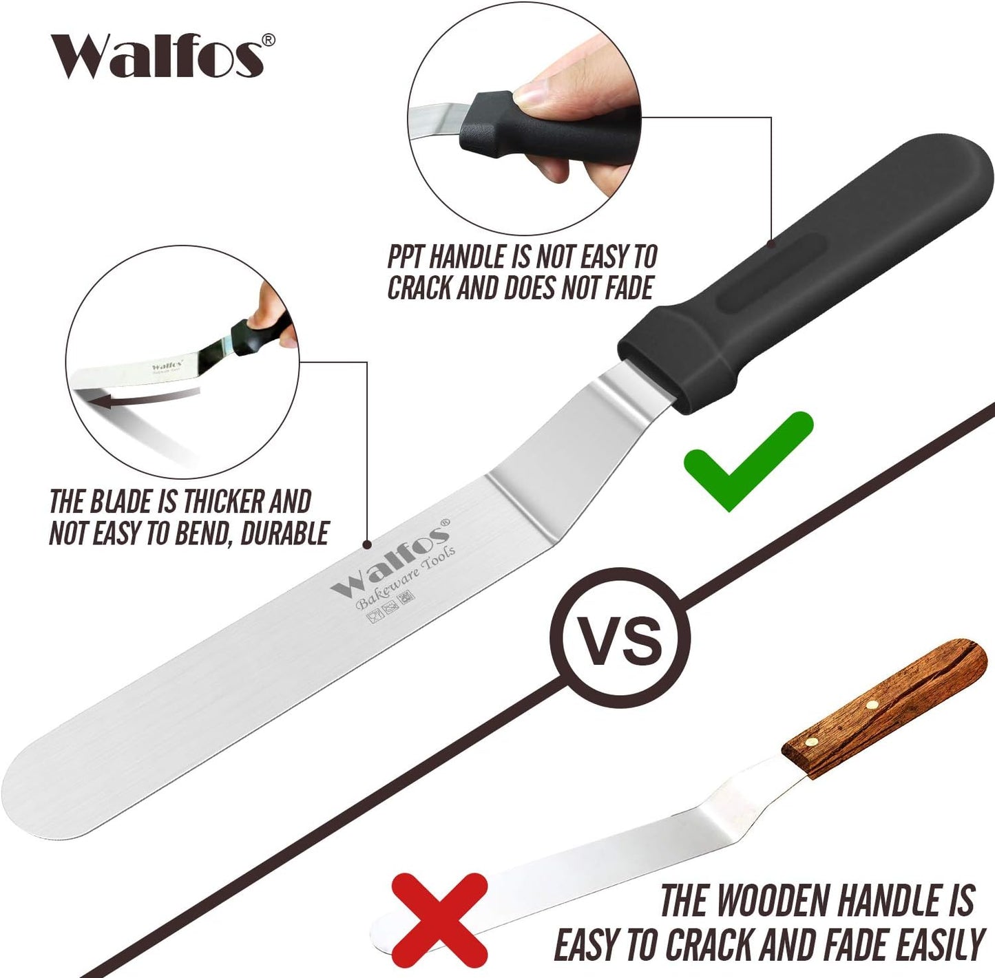 Walfos Icing Spatulas, Stainless Steel Cake Spatula with Sturdy and Durable Handle Cake Decorating Spatula Set of 2 - Multi purpose Use for Home, Kitchen or Bakery (6” & 8”)