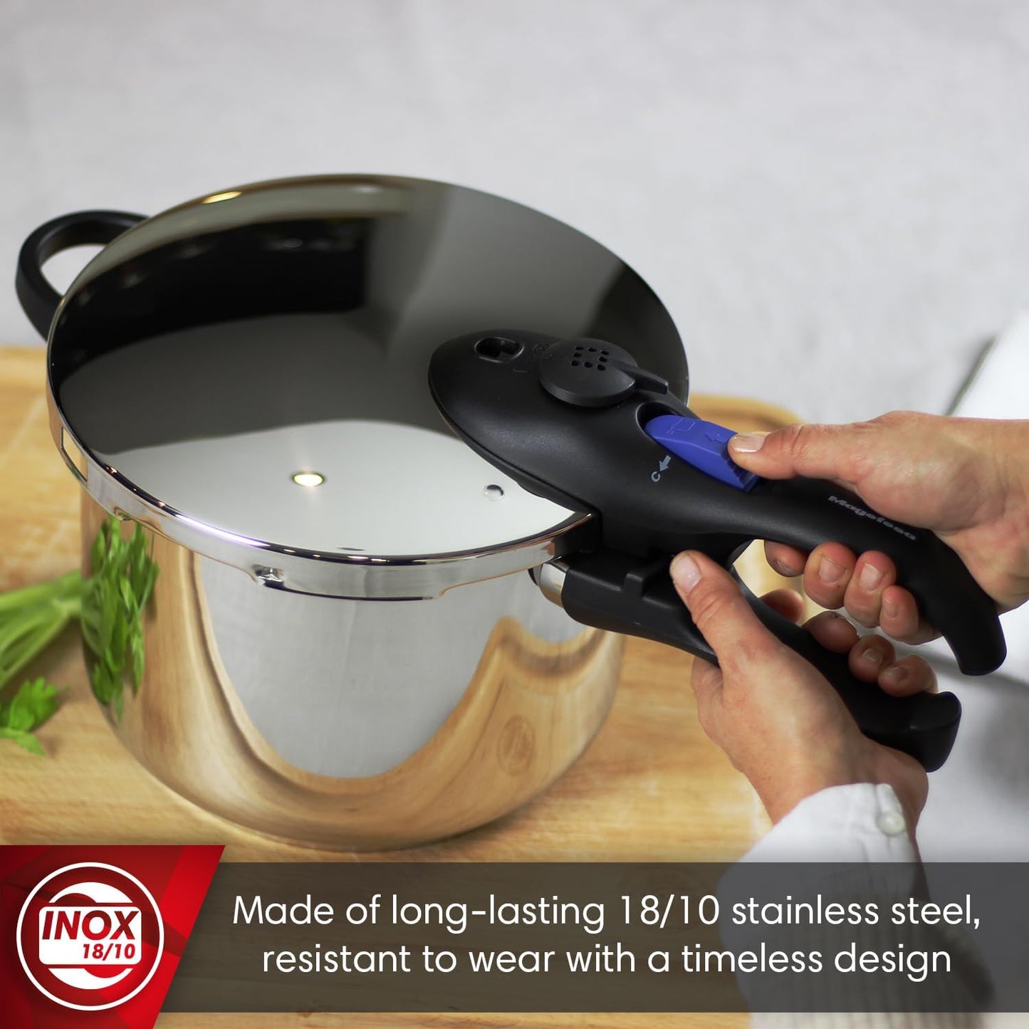 MAGEFESA Favorit 8 Qt Pressure Cooker – Easy-to-Use Fast Cooking Pot, 18/10 Stainless Steel, Induction Compatible, Even Heat Distribution, Works on All Stovetops