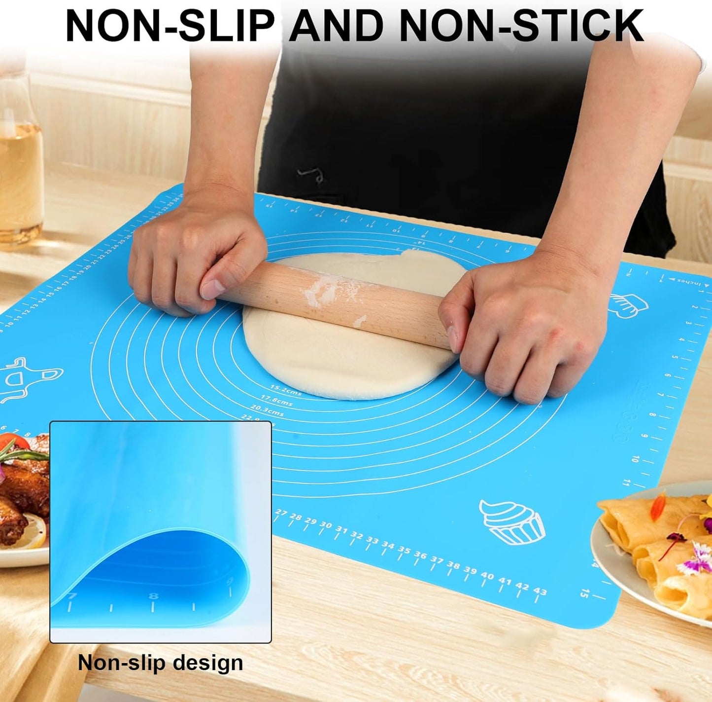 LIMNUO Silicone Baking Mat, Extra Thick Large Non Stick Pastry Mat Sheet for Dough Pie Crust Rolling Mats (Blue, L-16''(W)*24''(L))